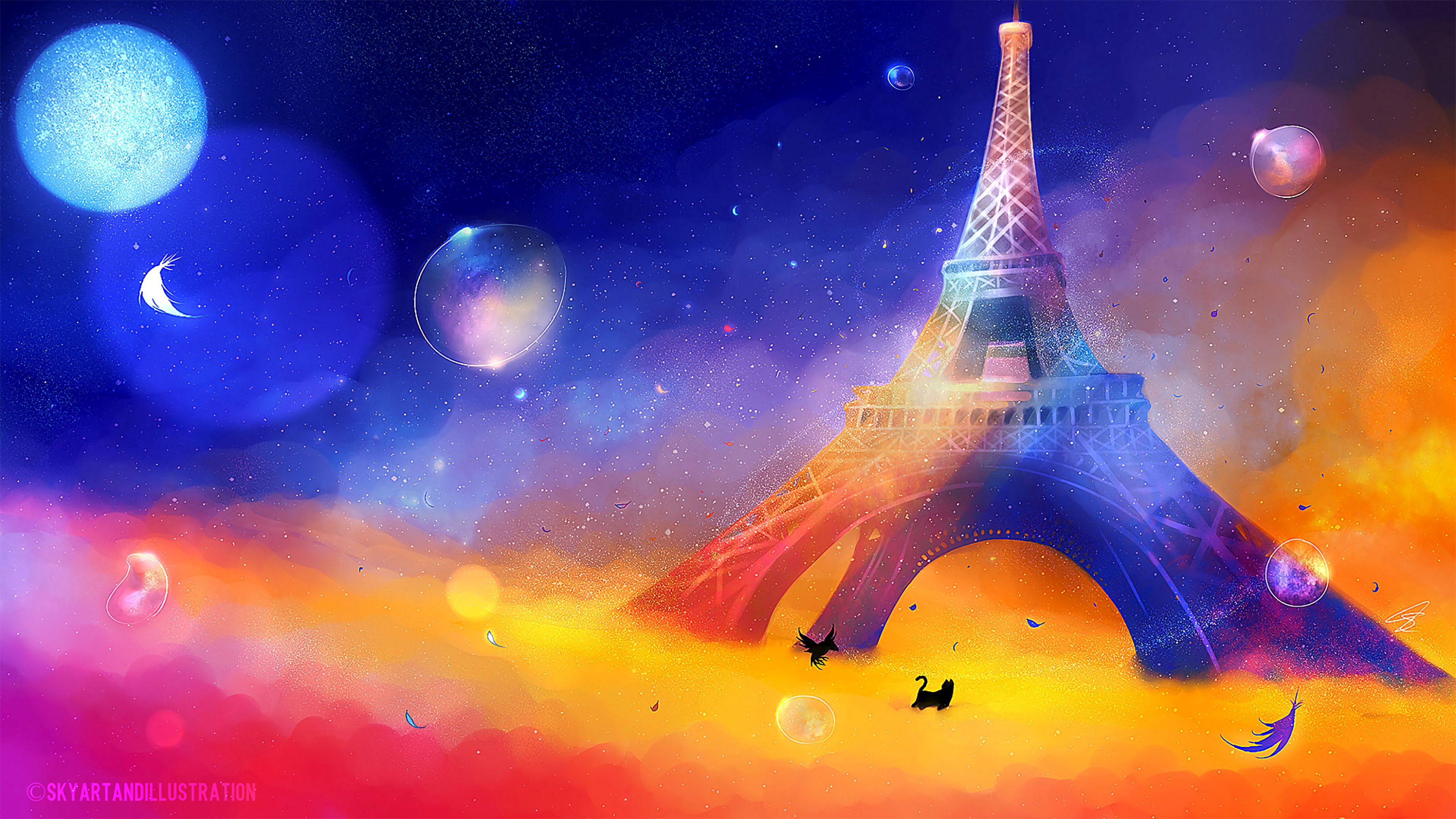 Descarga gratuita de fondo de pantalla para móvil de Gato, Multicolor, Pájaro, Arte, Abigarrado, Torre Eiffel.