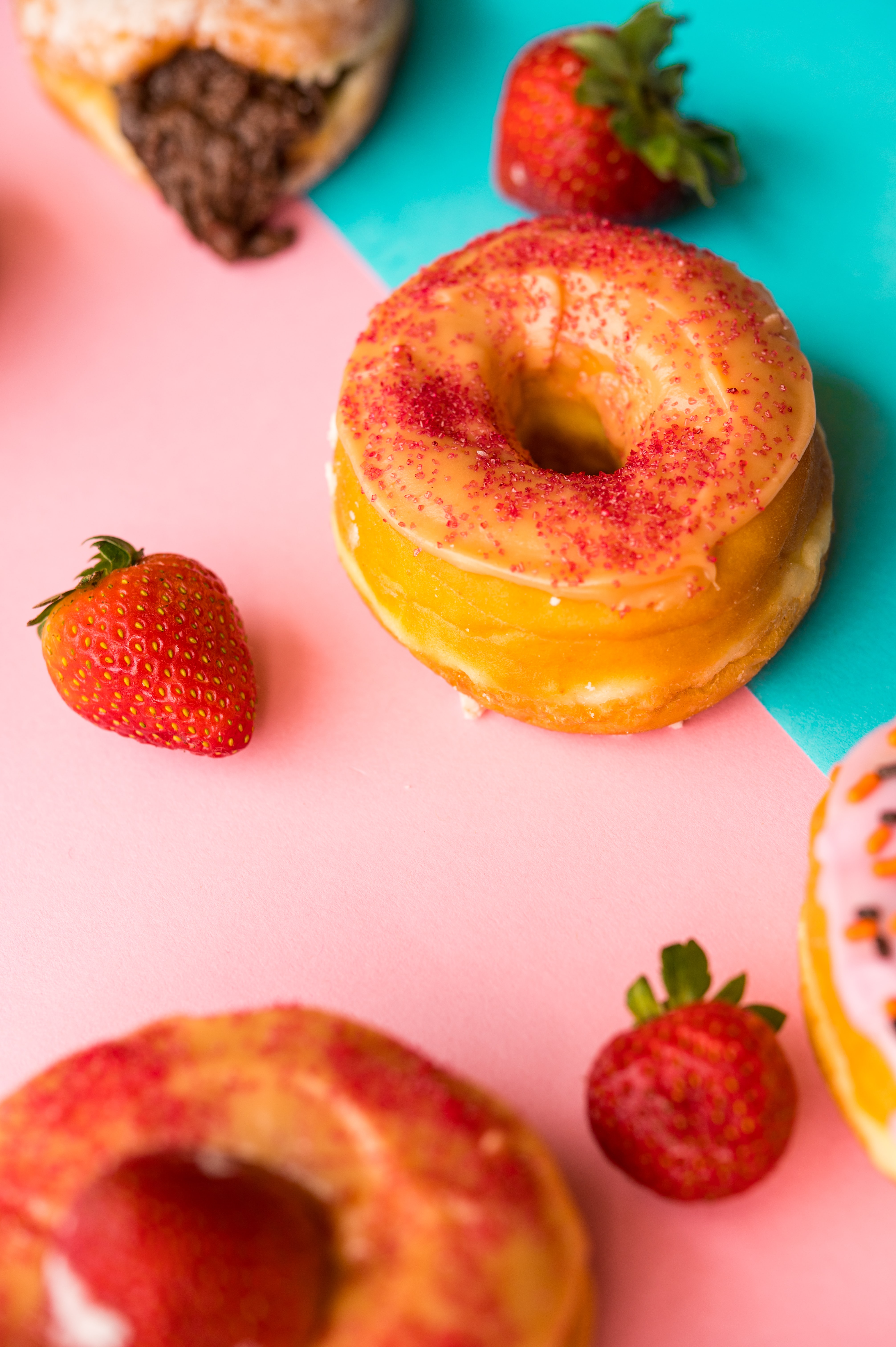 Download mobile wallpaper Strawberry, Doughnut, Donut, Food, Berries, Desert for free.