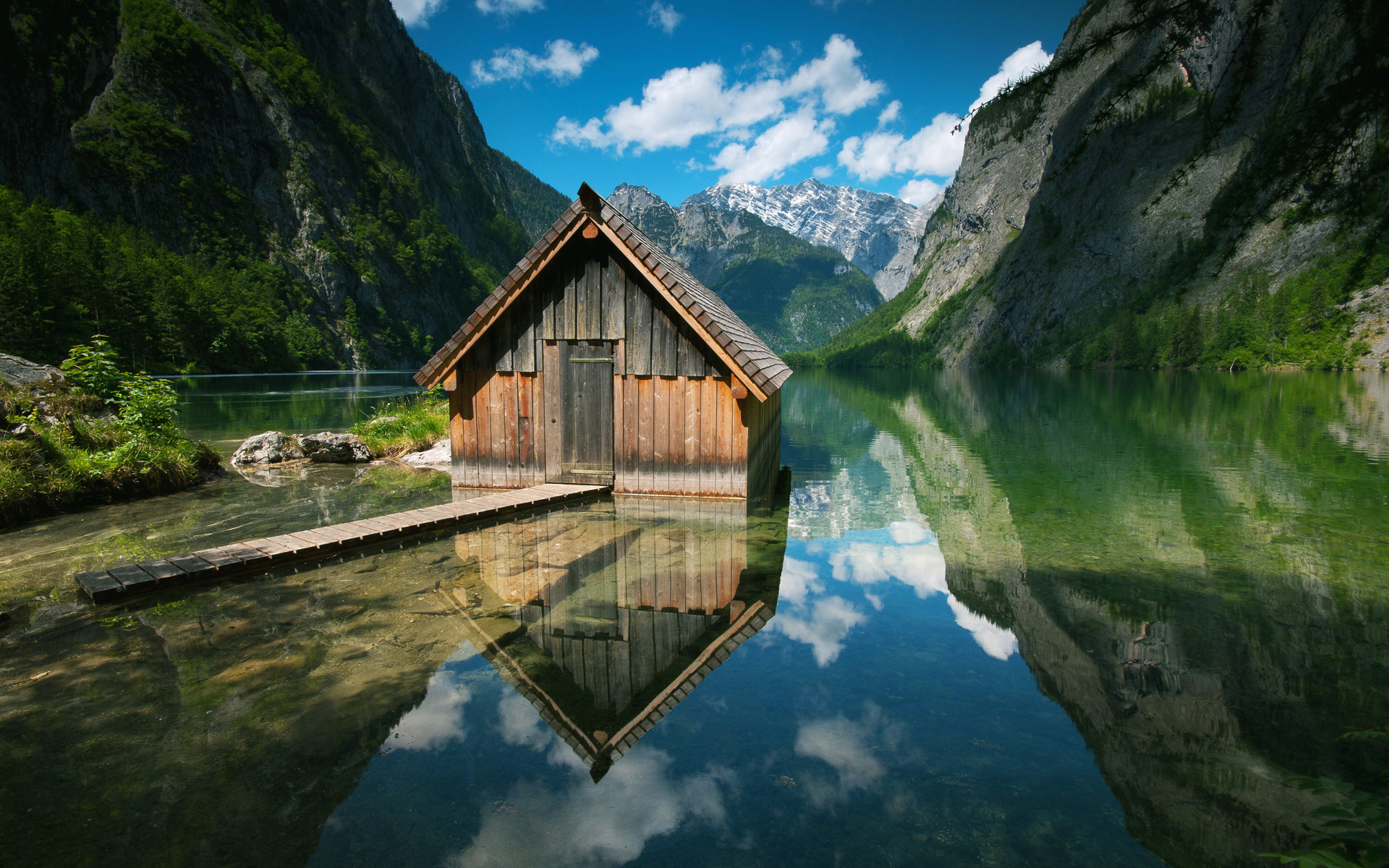 lake, photography, reflection, germany, house, hut, mountain