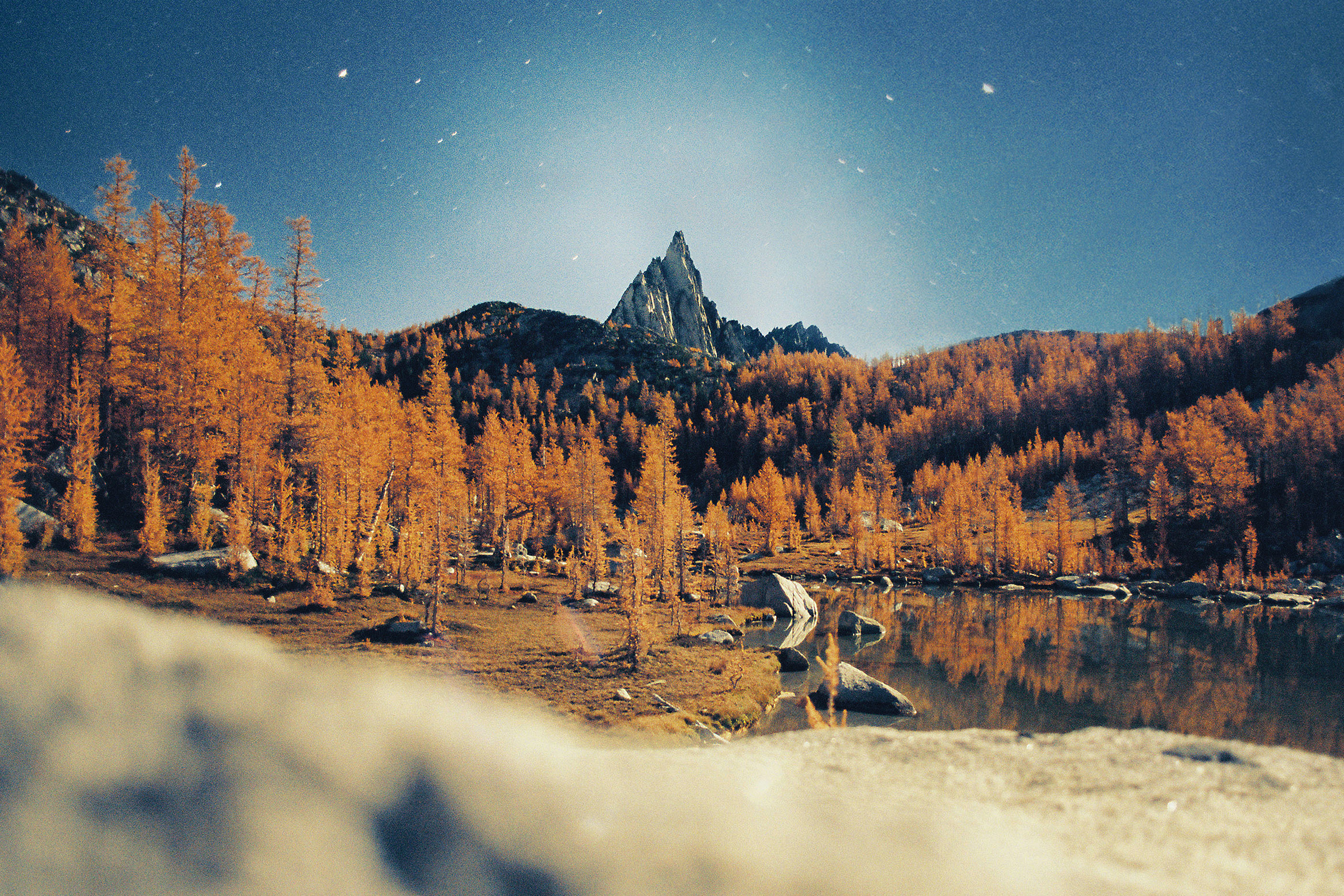 earth, fall, forest, lake, mountain, nature, peak, reflection, stars, tree