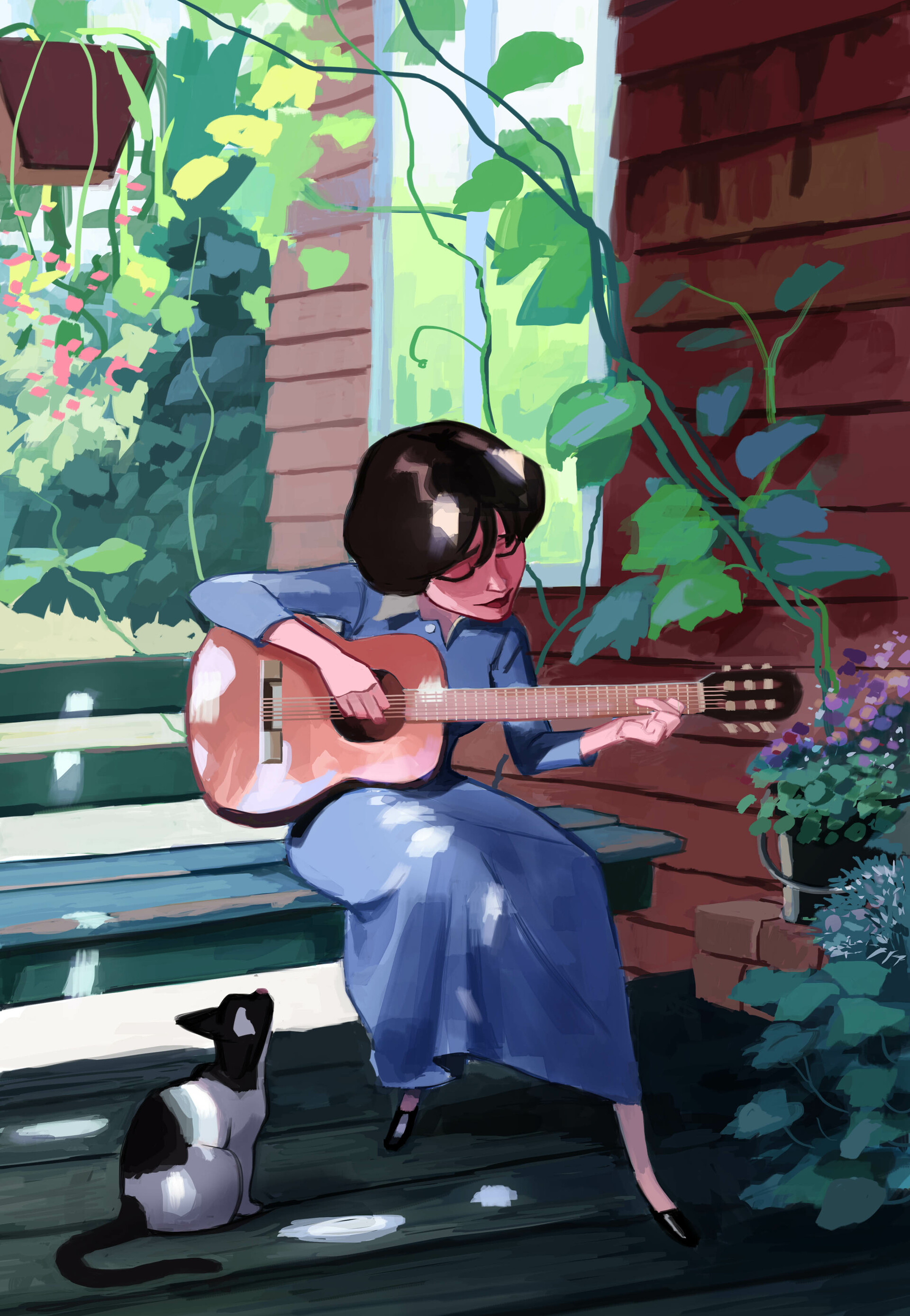 guitar, music, art, cat, girl
