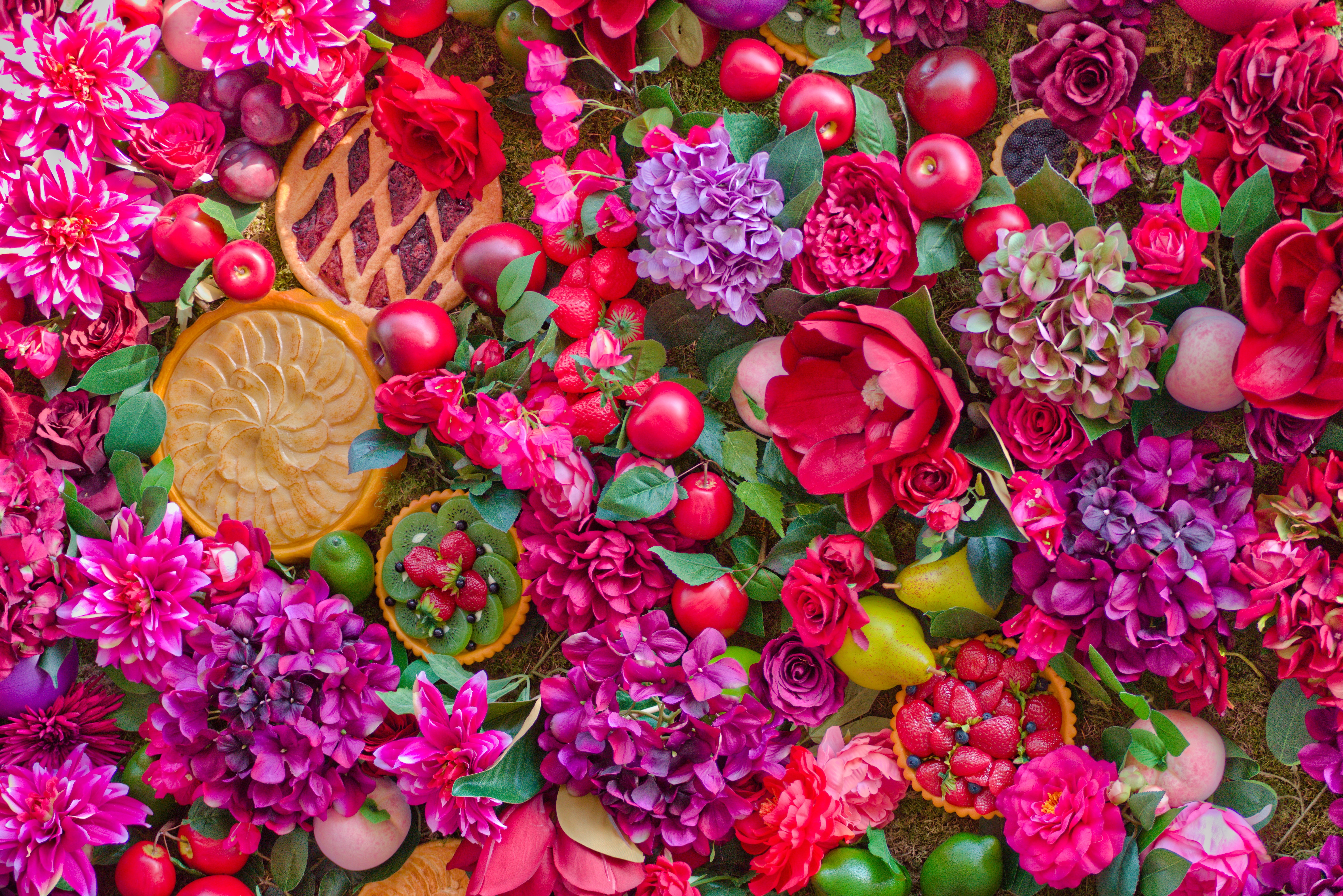 HD wallpaper flowers, fruits, still life, summer, cakes