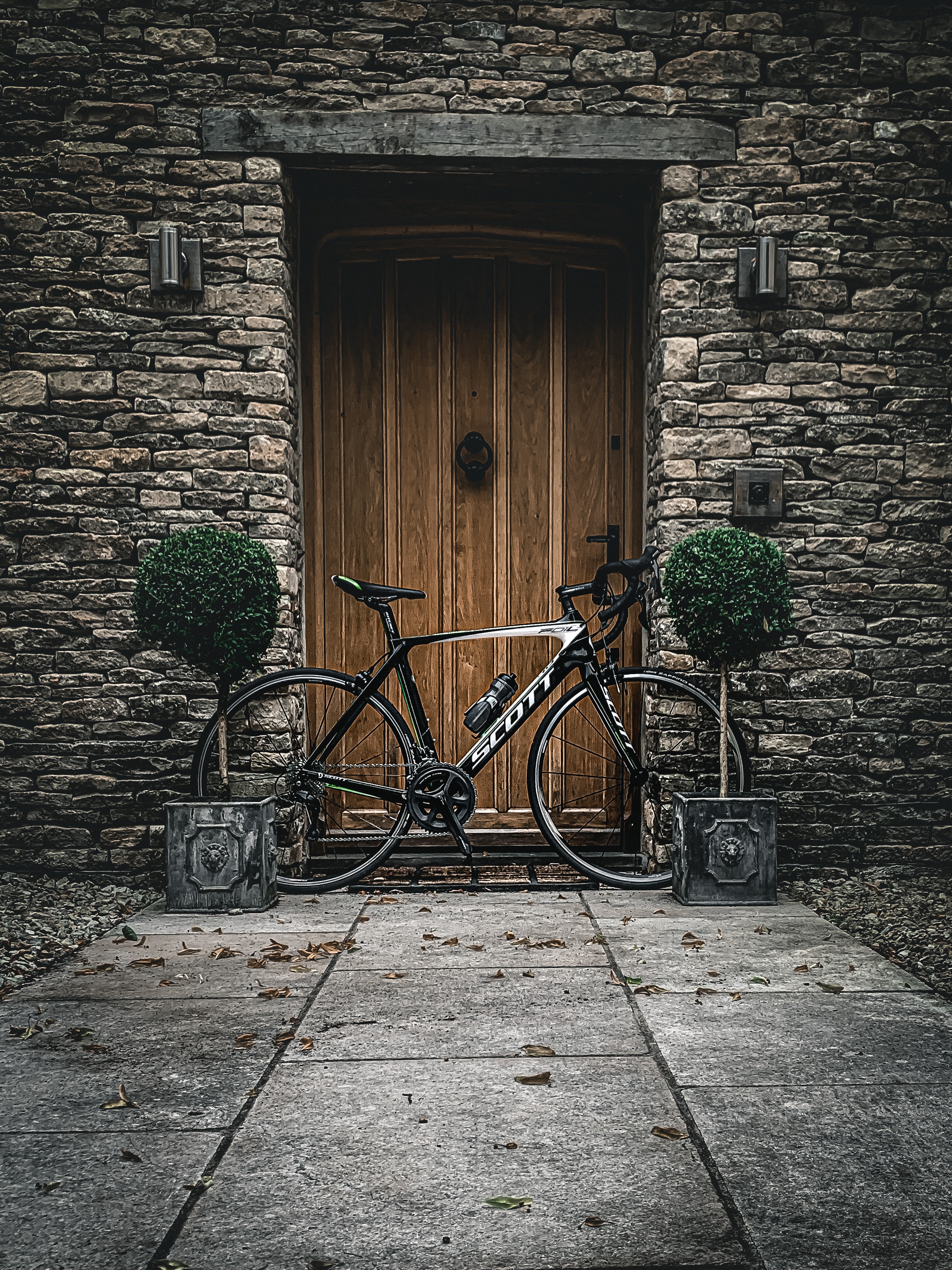 124953 скачать обои велосипед, дверь, каменный, разное, стена, растения - заставки и картинки бесплатно