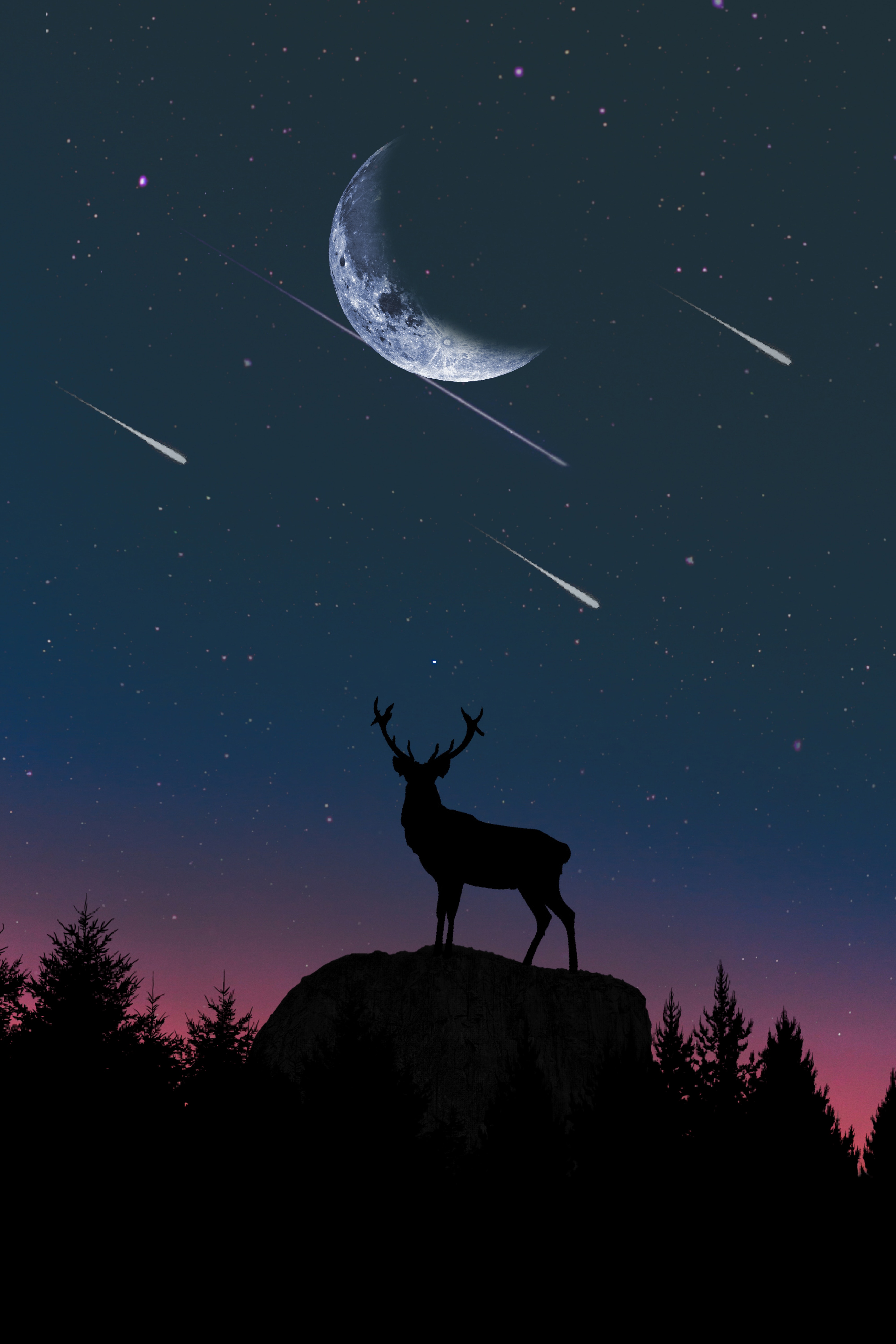 hill, deer, moon, silhouette, vector, twilight, dusk
