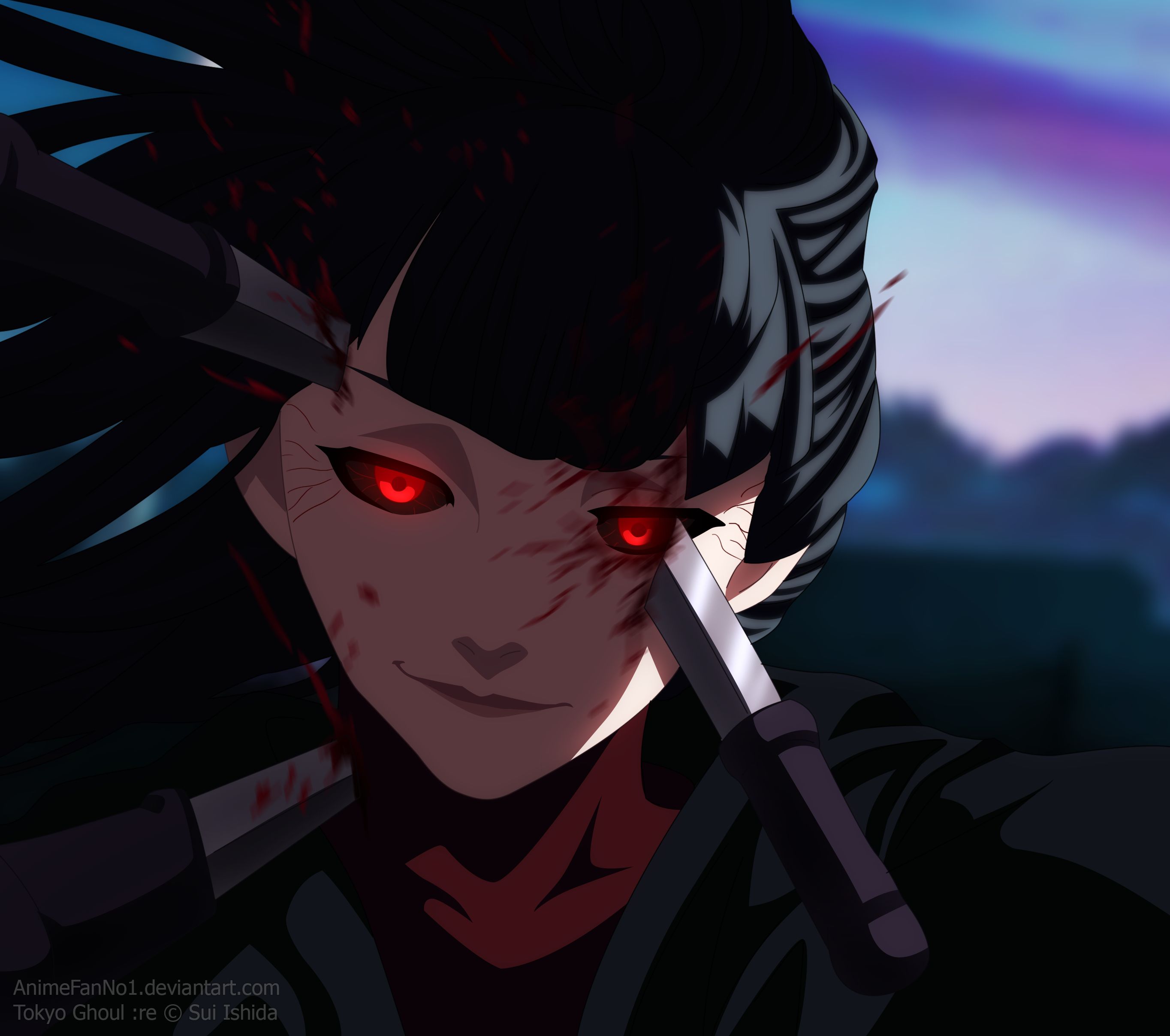 anime, tokyo ghoul:re, black hair, blood, close up, knife, kurona yasuhisa, red eyes, tokyo ghoul, wound