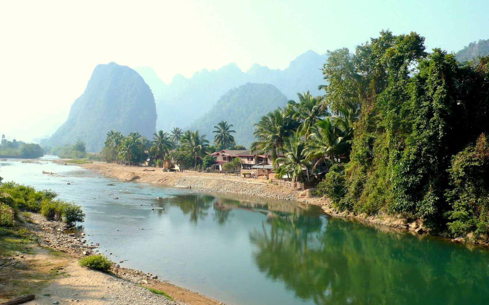 tropics, rivers, nature, palms, huts, laos