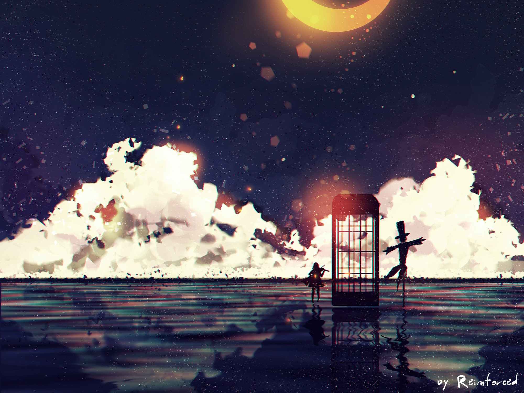 Download mobile wallpaper Anime, Moon, Reflection, Violin, Original, Scarecrow for free.