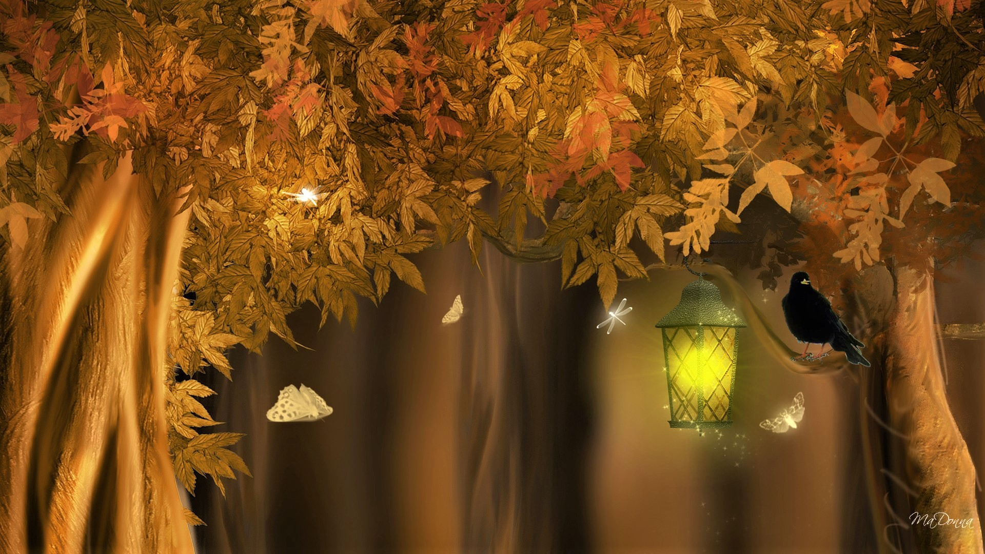 Download mobile wallpaper Tree, Fall, Butterfly, Lantern, Artistic, Raven, Dragonfly for free.