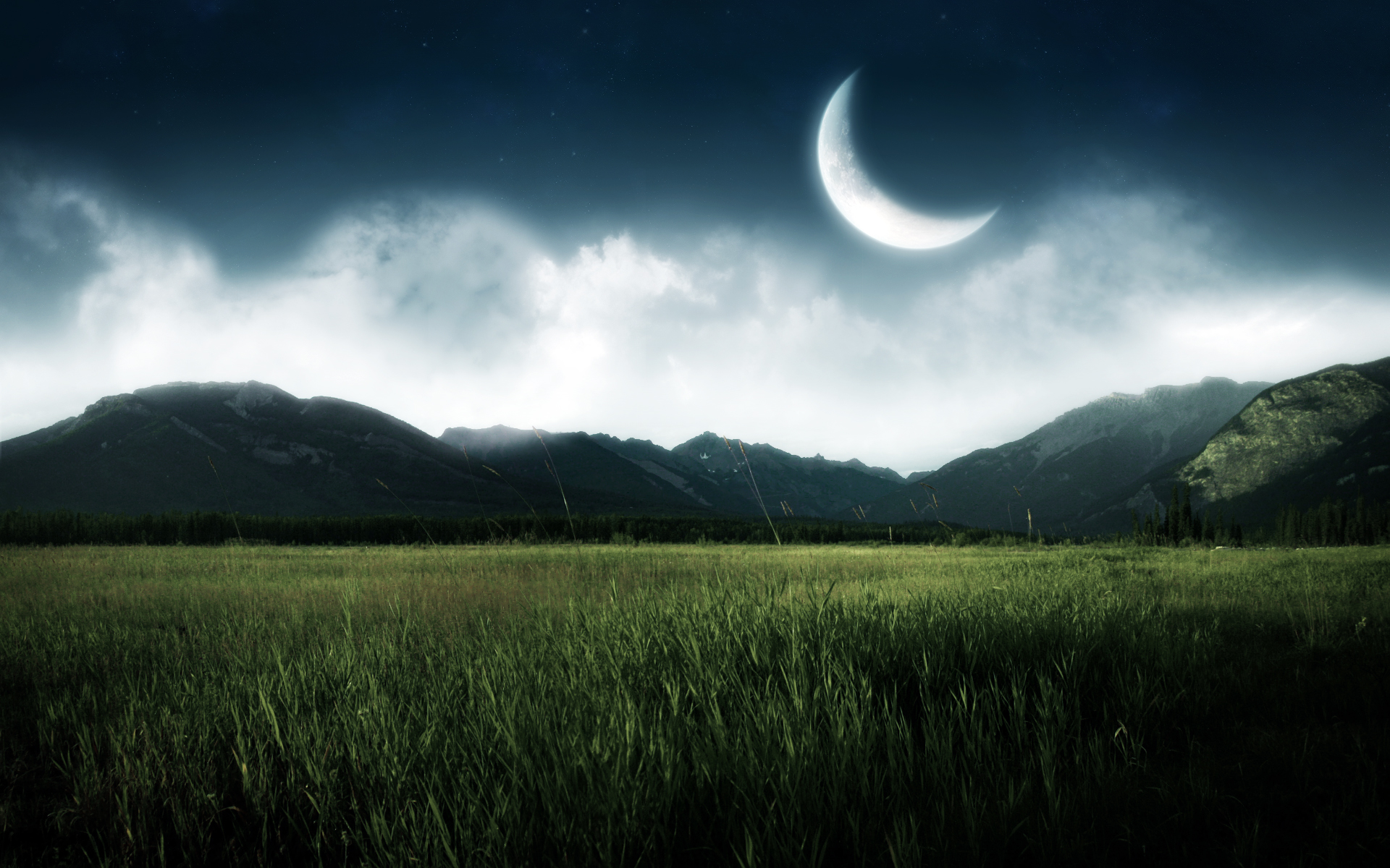 1076716 скачать обои чёрный, луна, облака, синий, трава, земля/природа, поле, атмосфера, утёс, зеленый, гора - заставки и картинки бесплатно