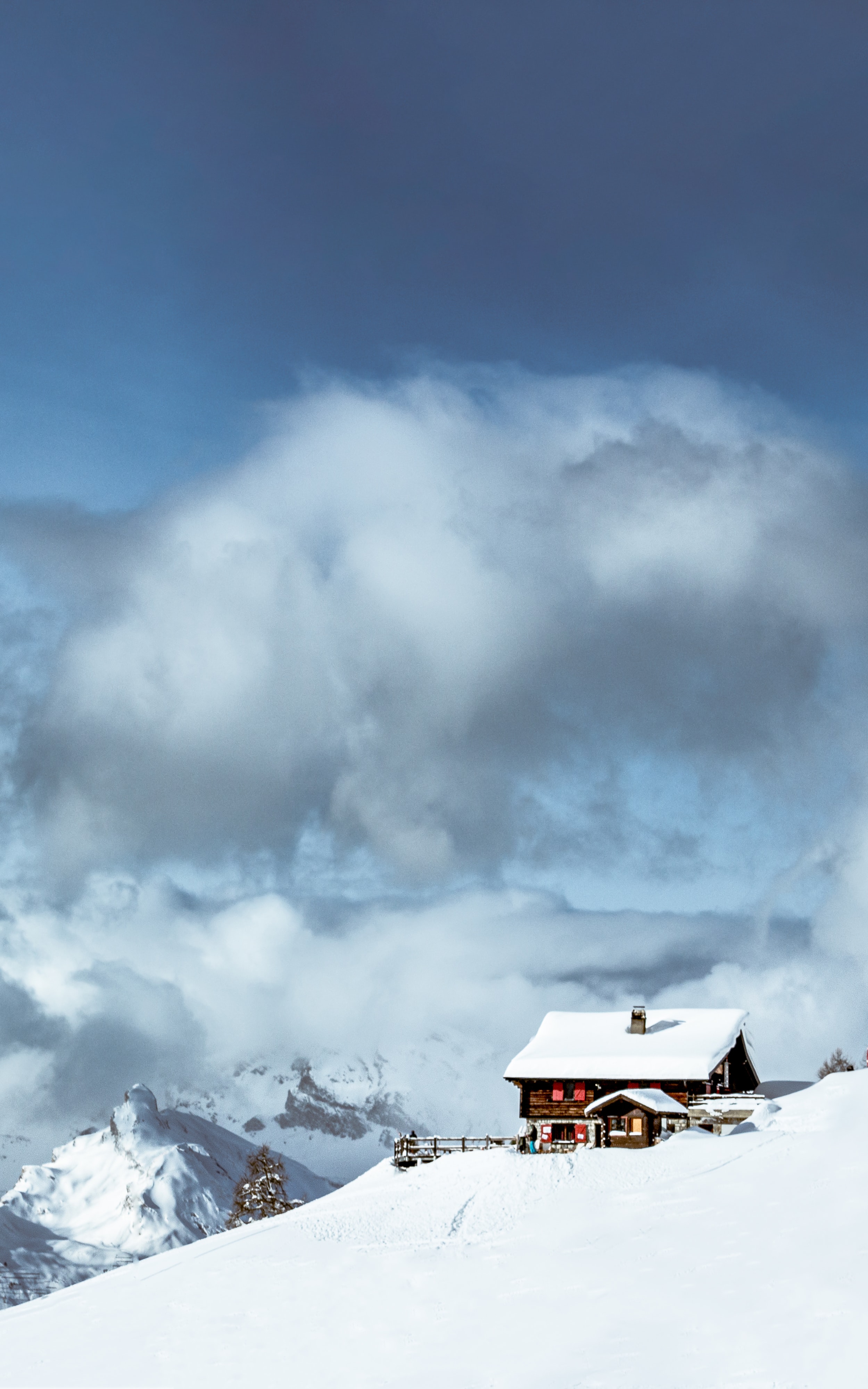 house, nature, mountains, clouds, snow 2160p