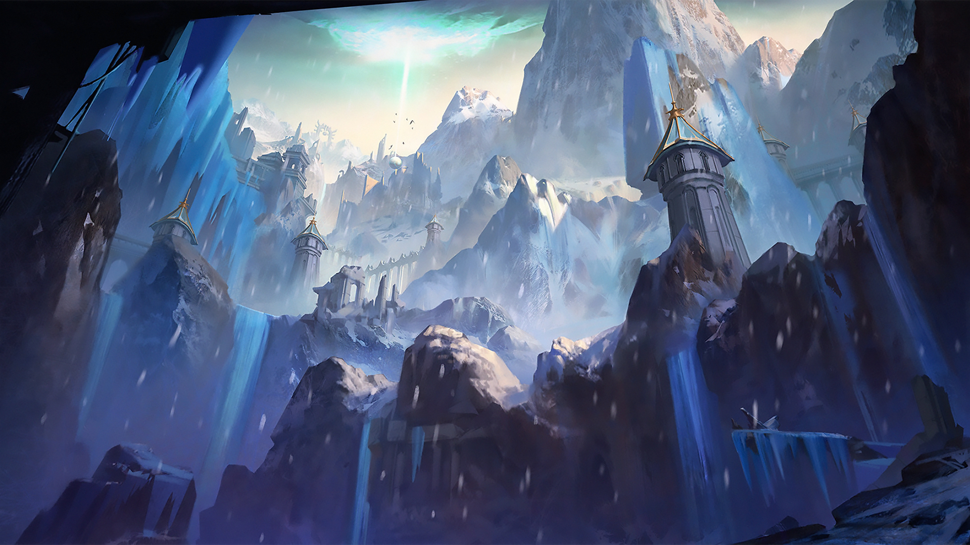 fantasy, landscape, building, frost, mountain, snow 5K