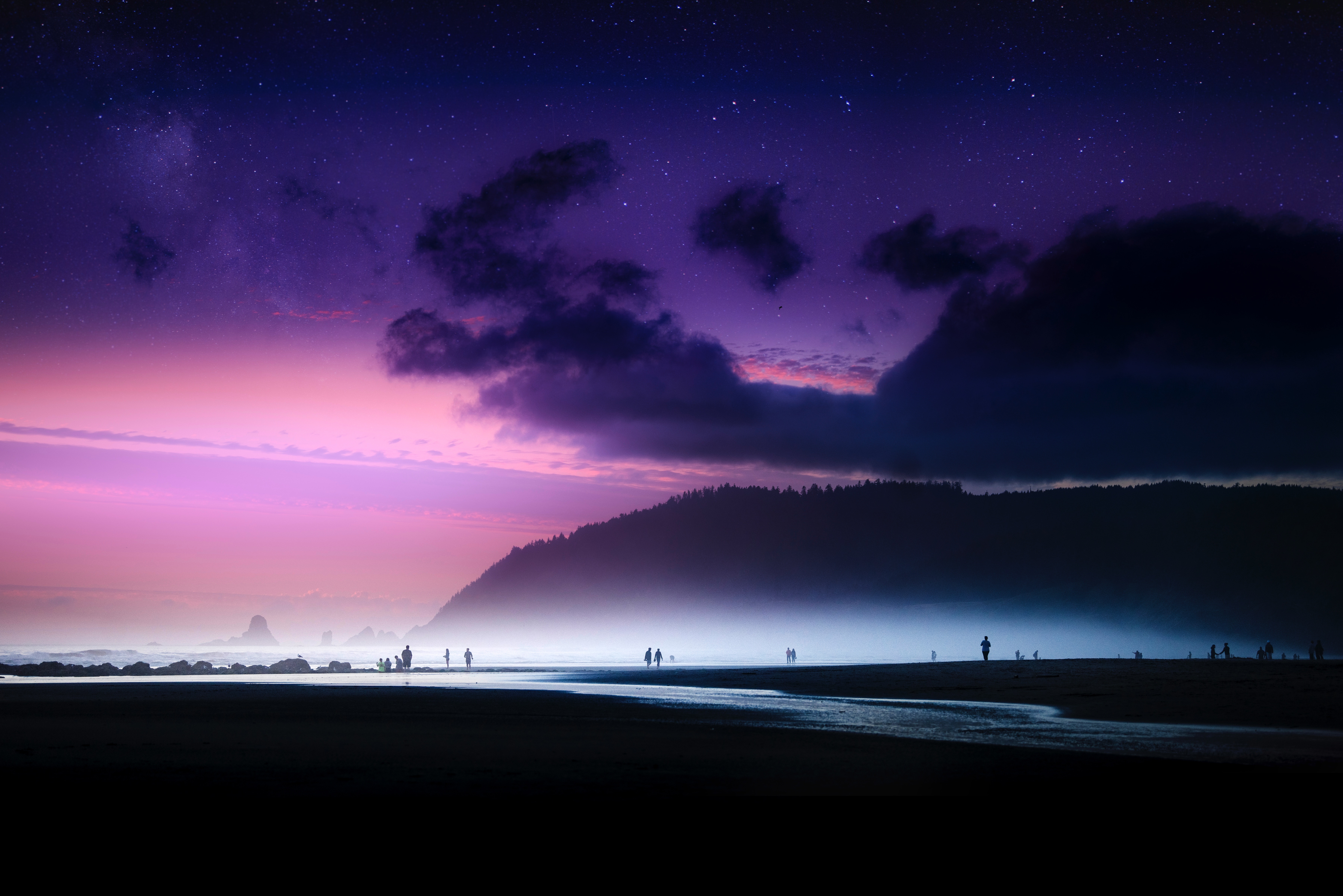Download mobile wallpaper Bank, Fog, Shore, Nature, Starry Sky, Beach for free.