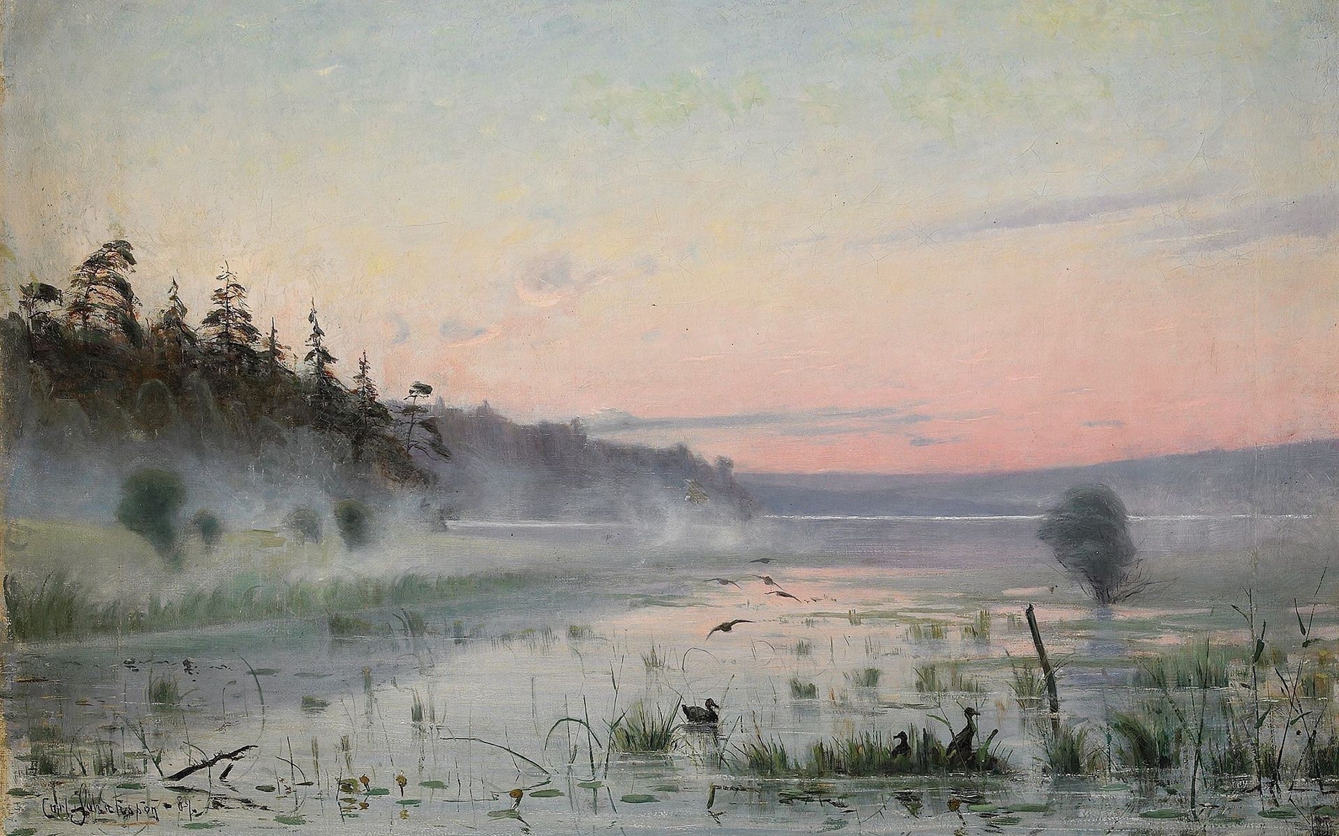 Download mobile wallpaper Morning, Reeds, Ducks, Fog, Nature, Painting, Lake, Art for free.