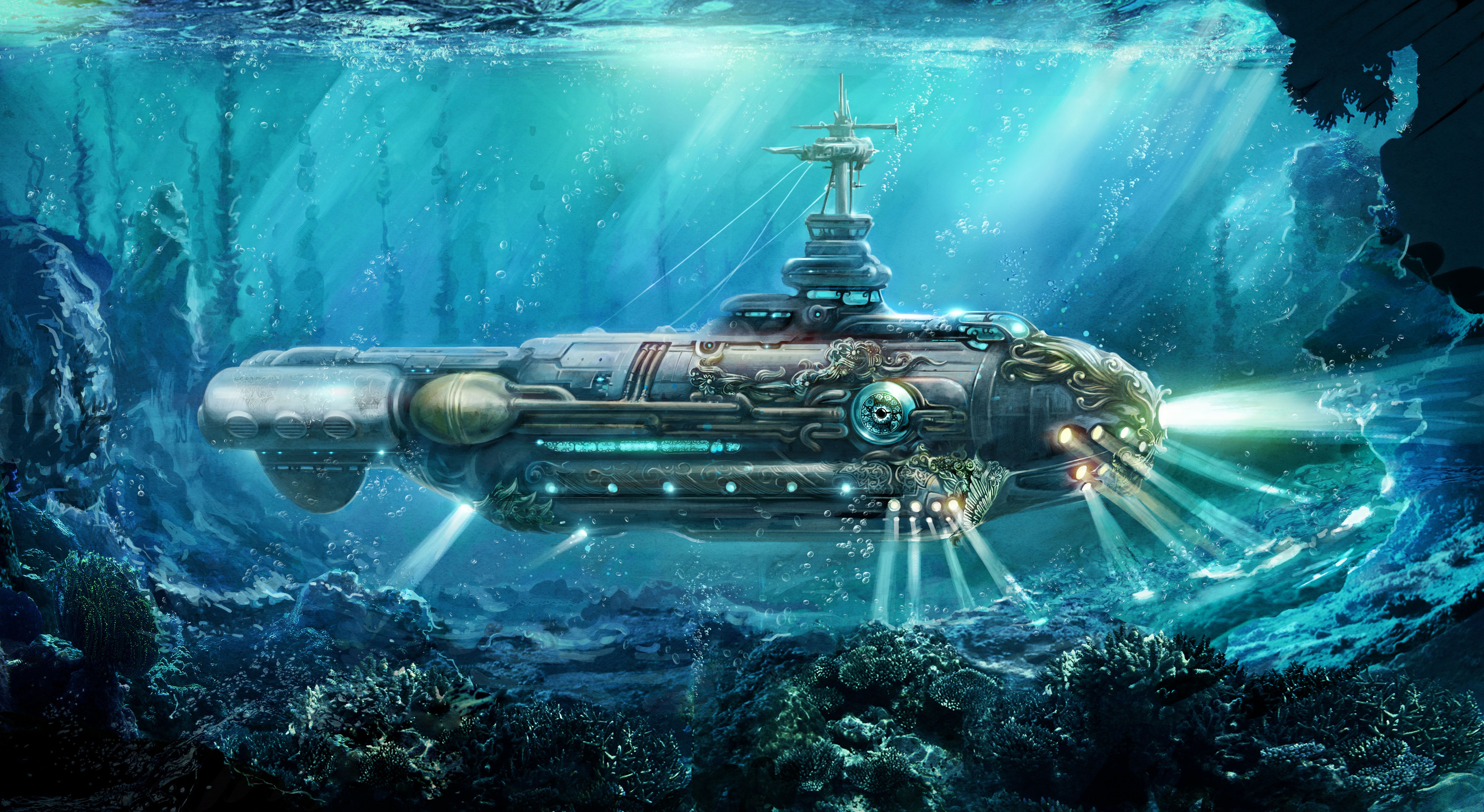 fantasy, underwater, nautilus, ocean, steampunk, submarine 32K