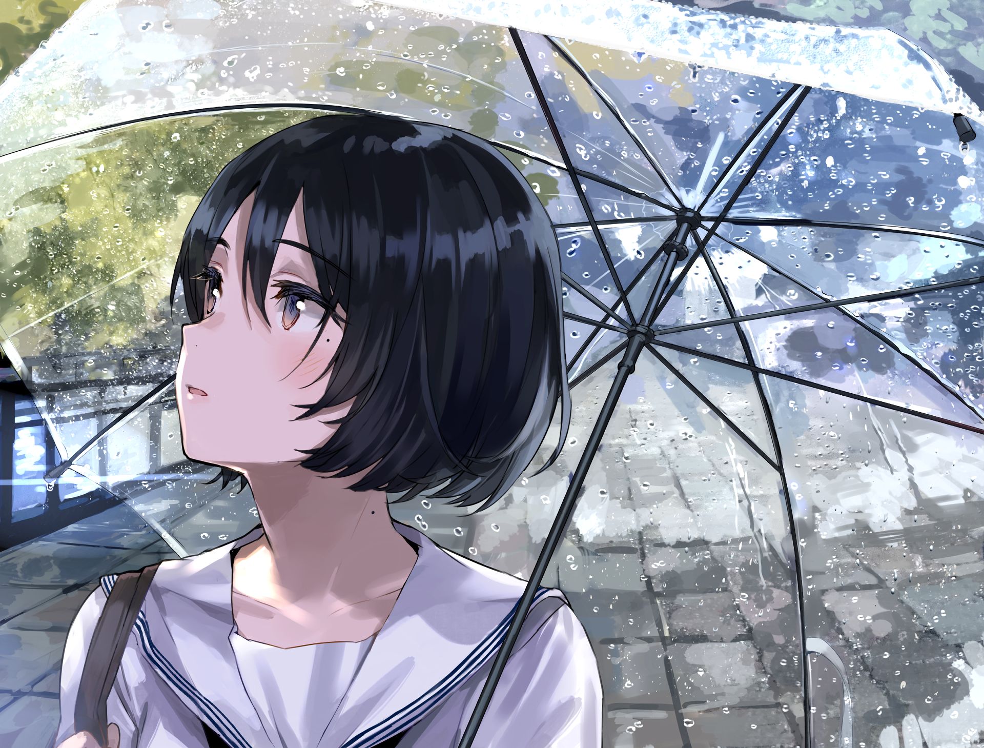 Free download wallpaper Anime, Rain, Umbrella, Original, Blush, Brown Eyes, Black Hair, Short Hair on your PC desktop
