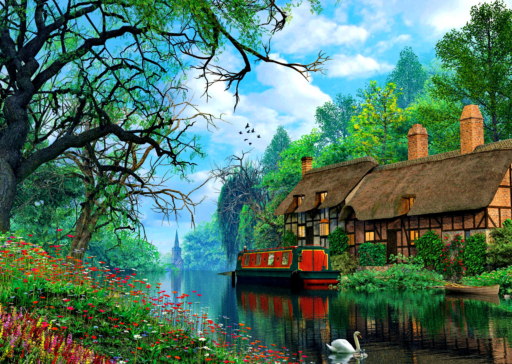 Download mobile wallpaper Reflection, Flower, Tree, House, Swan, Man Made, Canal, Thatched Roof for free.