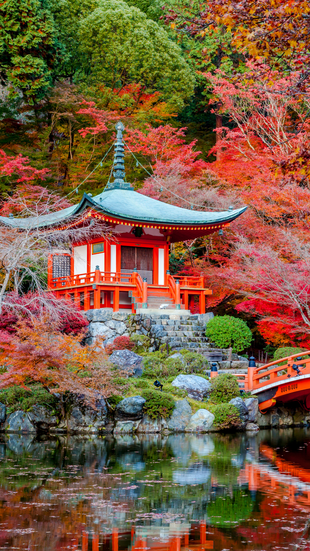 man made, daigo ji, bridge, temple, reflection, shrine, tree, japanese garden, fall, temples