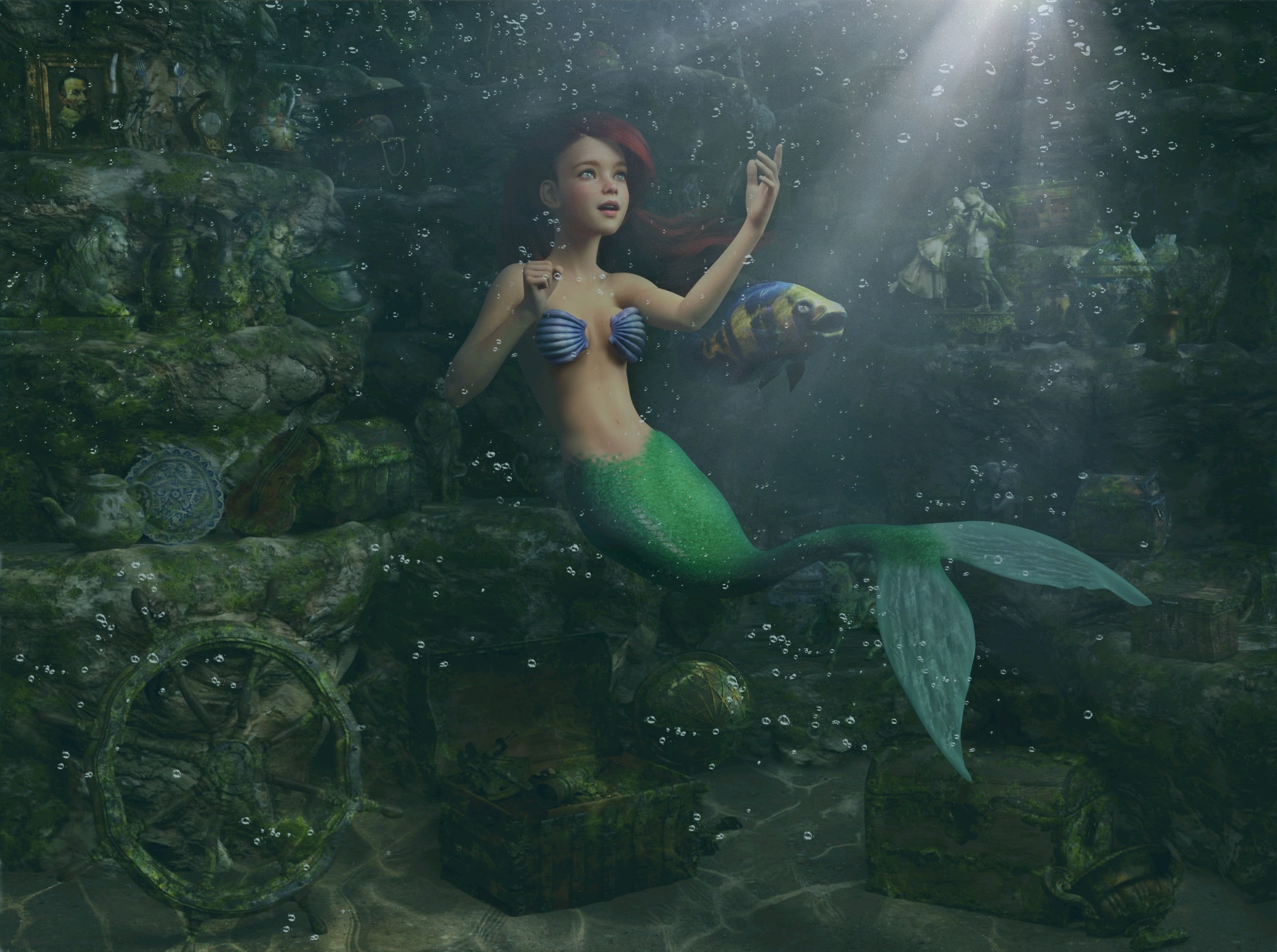 mermaid, 3d, movie, the little mermaid (1989), ariel (the little mermaid), flounder (the little mermaid), red hair, the little mermaid