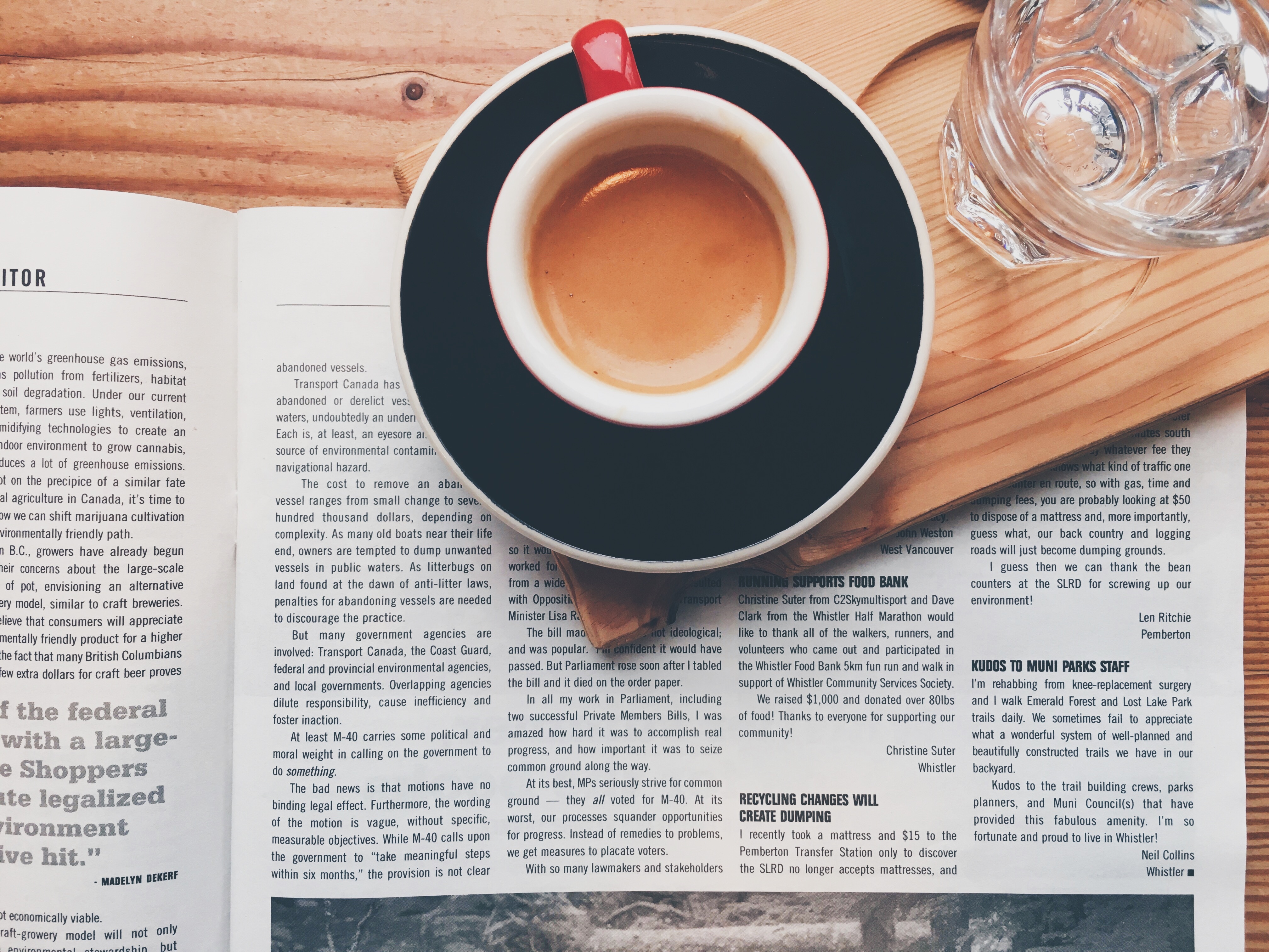 newspaper, breakfast, food, coffee, cup