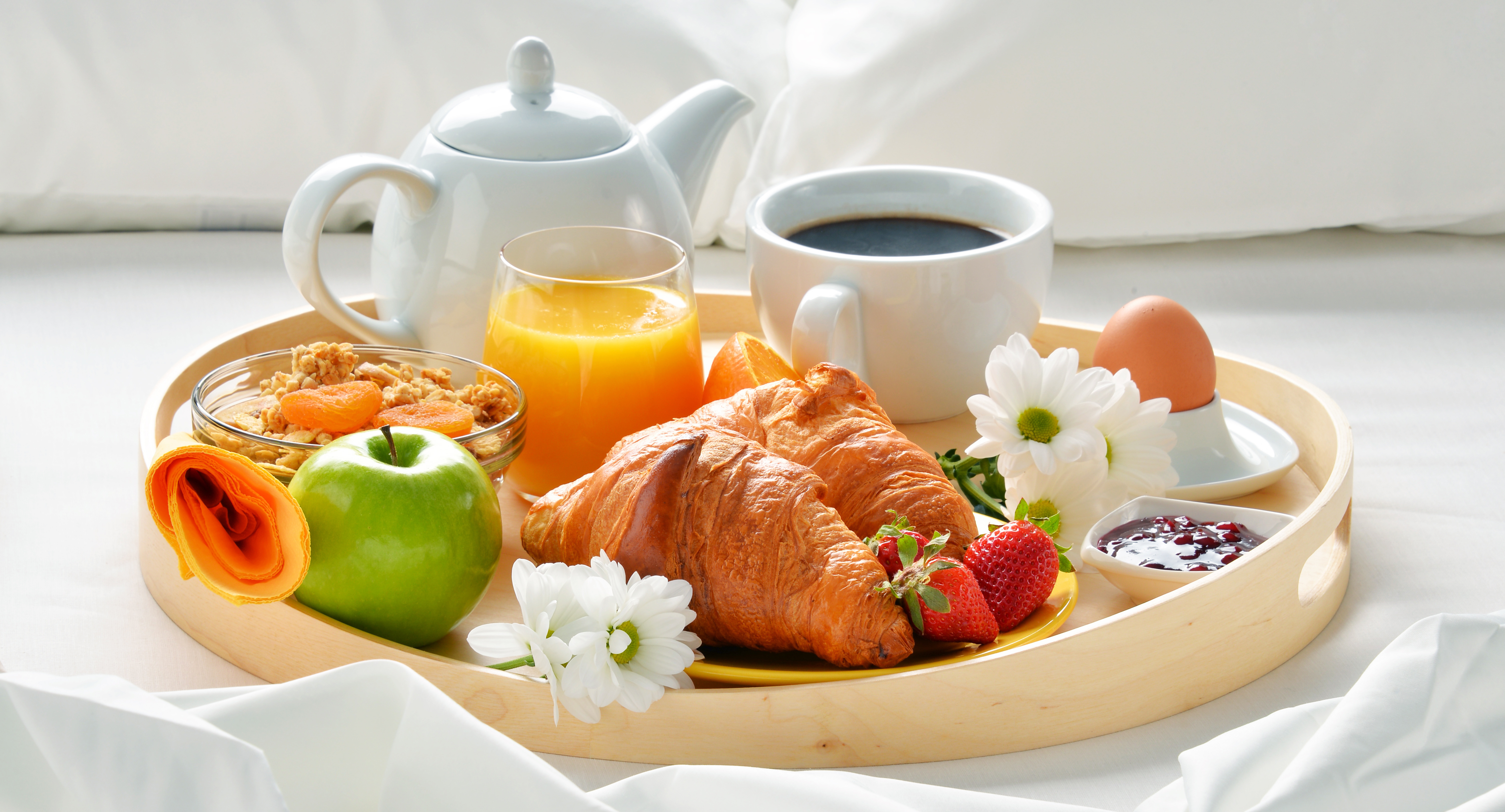 coffee, food, breakfast, apple, croissant, cup, daisy, egg, juice, muesli cellphone