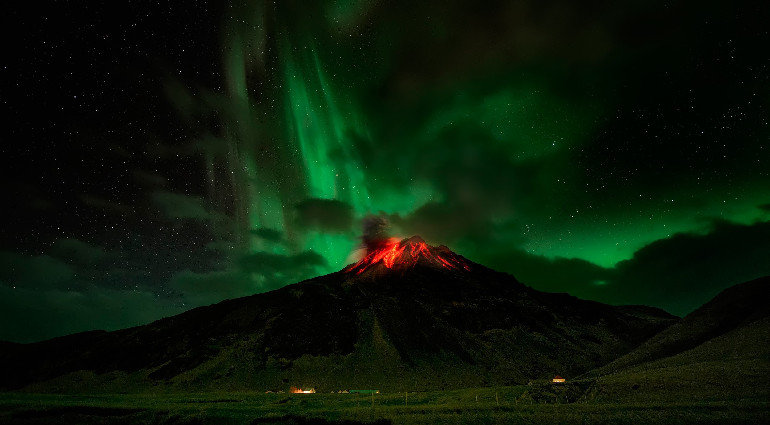 starry sky, aurora borealis, earth, volcano, eruption, lava, volcanoes HD wallpaper