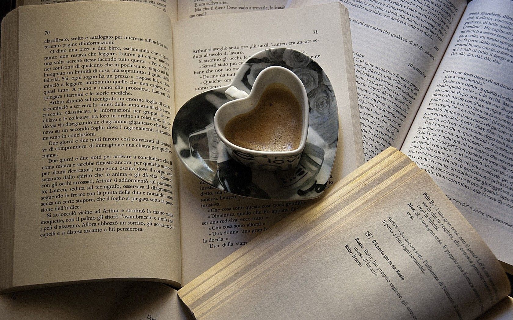 books, food, mug, heart, coffee, cup, pages, page 1080p