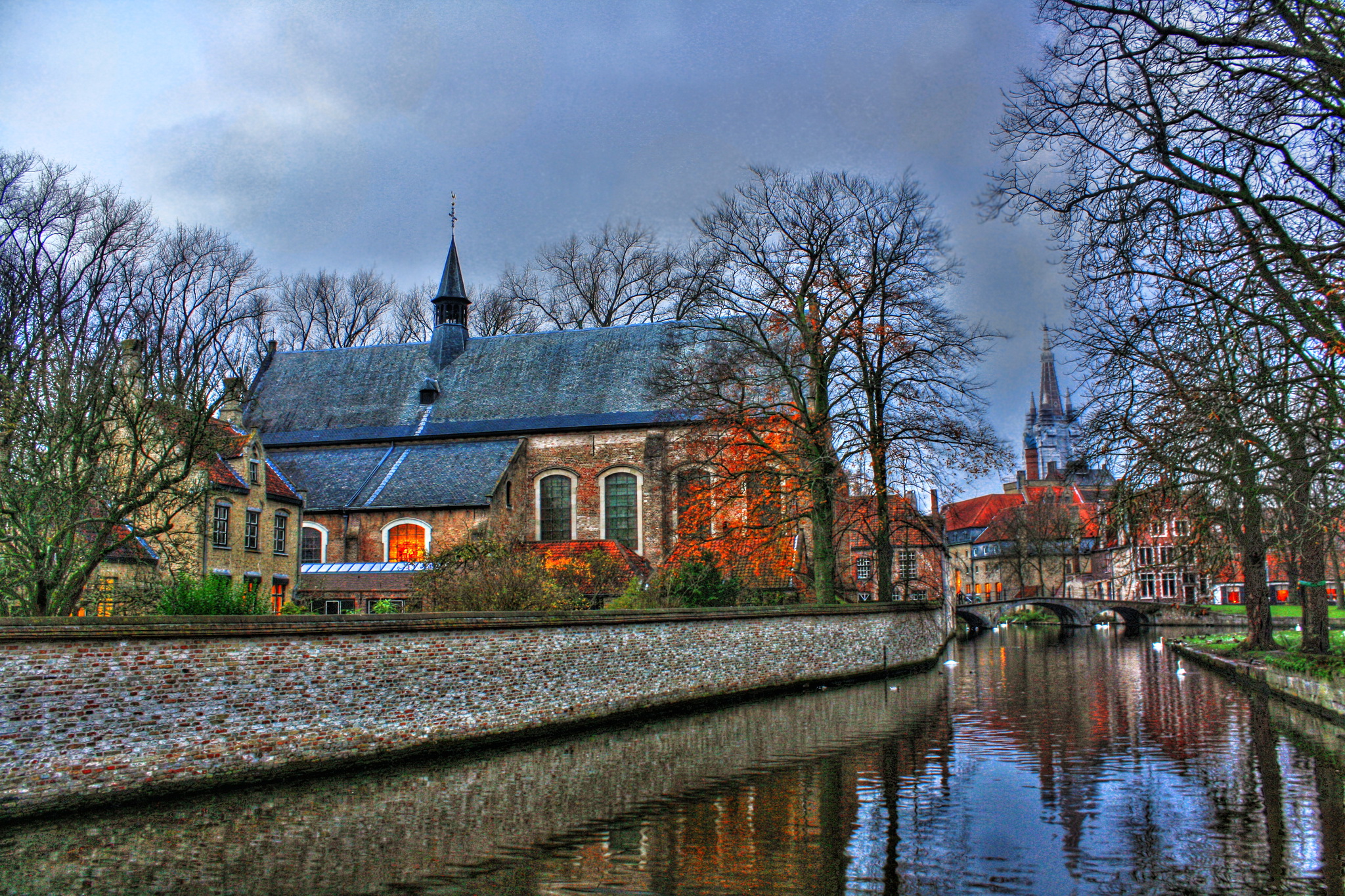 Mobile wallpaper photography, hdr, belgium, brugge, canal, church, man made, religious, tree