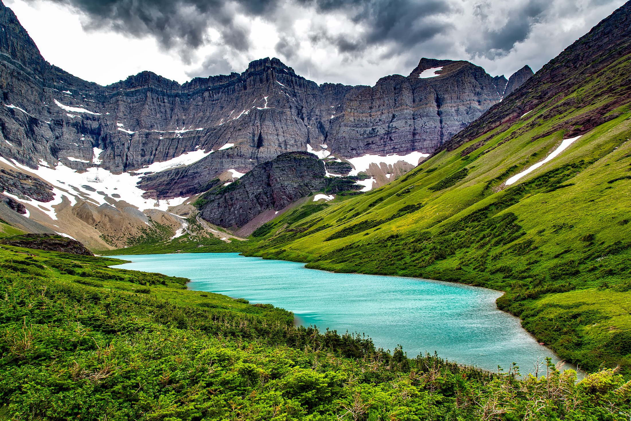 glacier national park, lake, grass, earth, cliff, montana, mountain, nature, lakes HD wallpaper