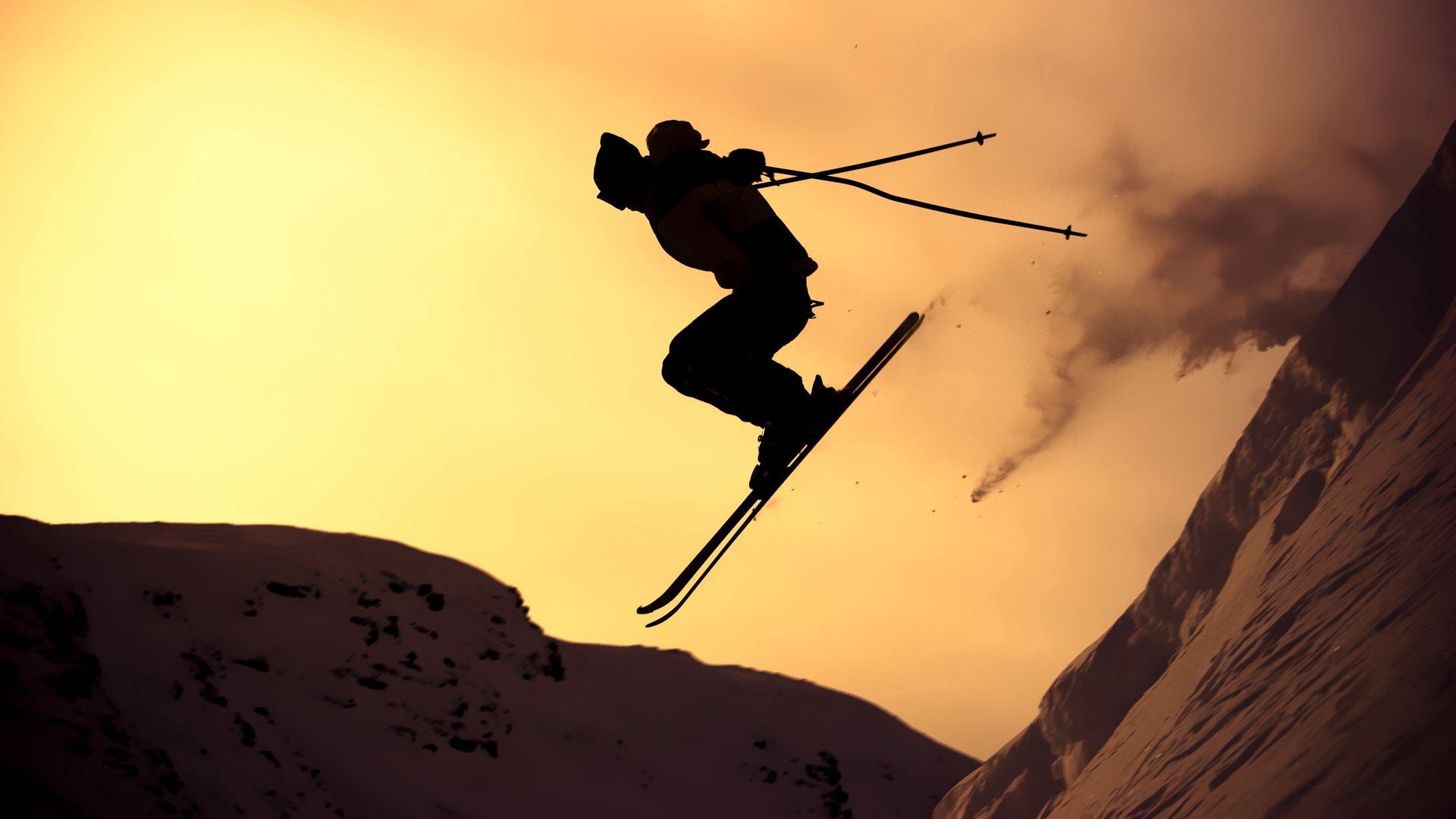 skiing, extreme, sports, snow, silhouette, bounce, jump, alpine skiing