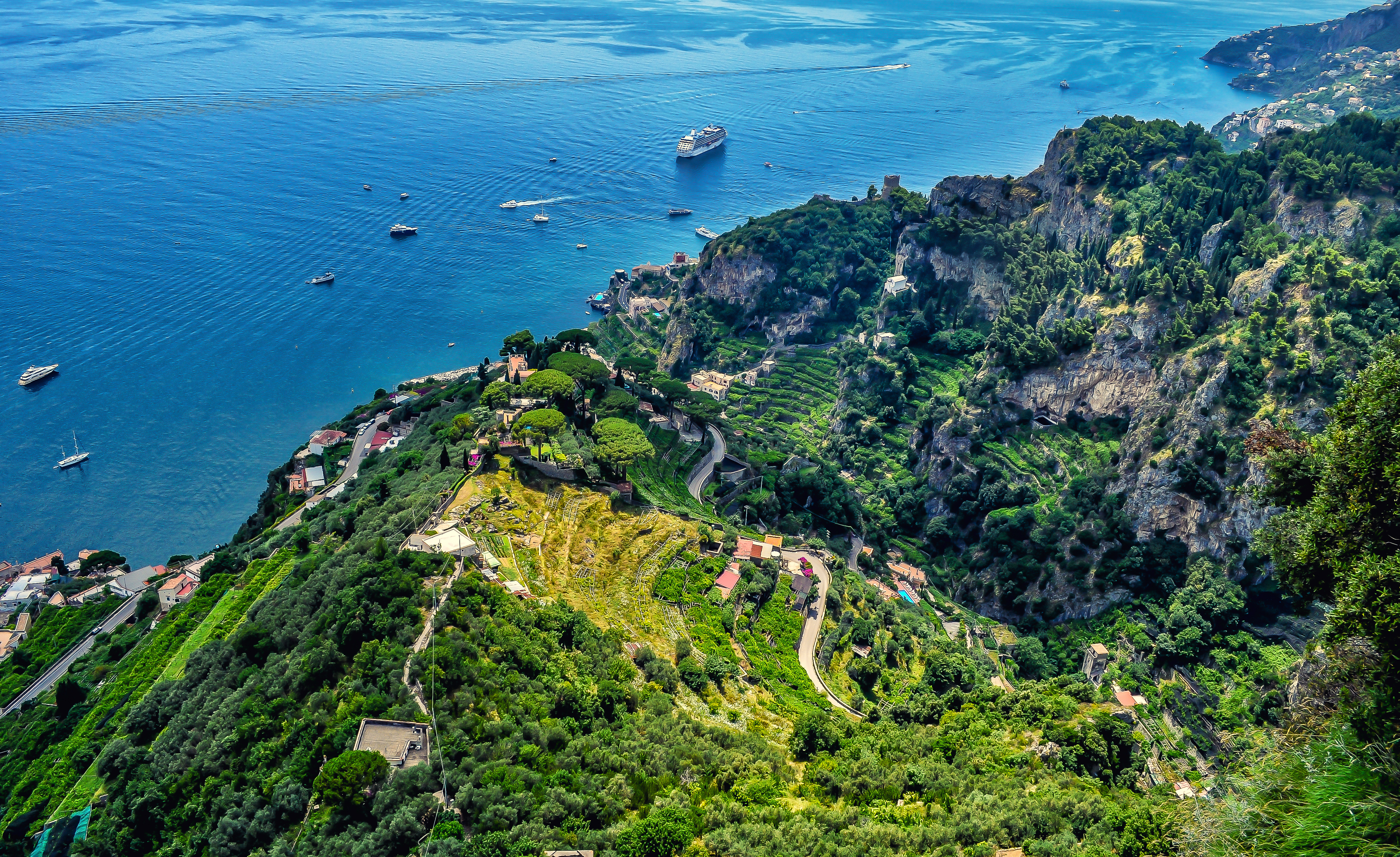 italy, man made, amalfi, boat, cruise ship, landscape, mountain, ocean, sea, towns