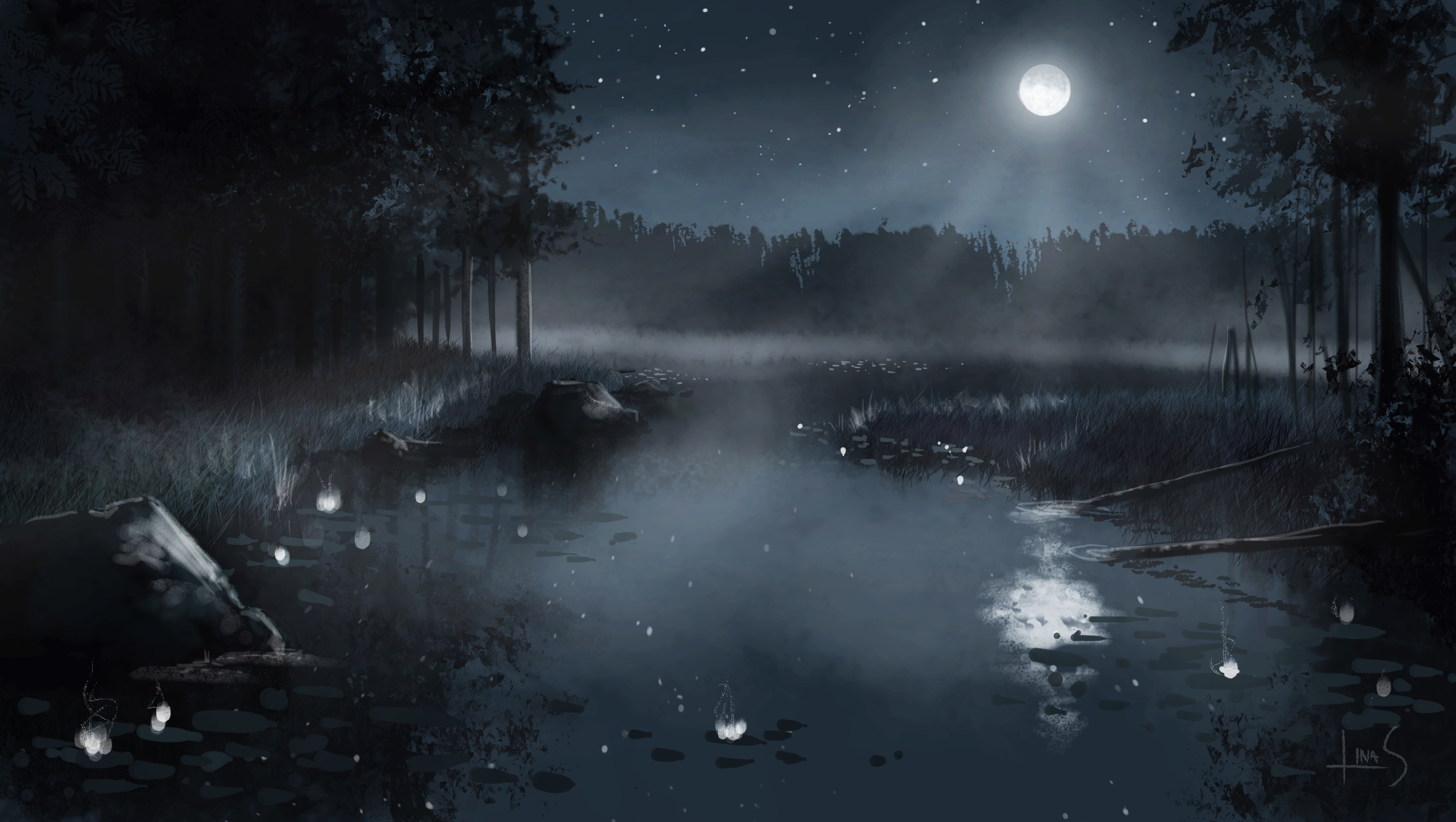 ночное озеро в лесу