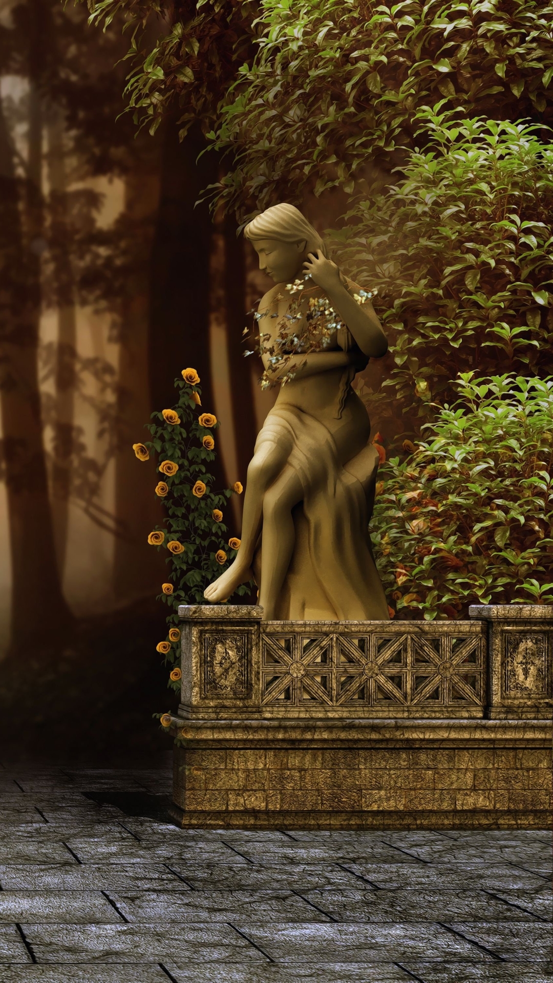 artistic, statue, courtyard, flower, fantasy Phone Background