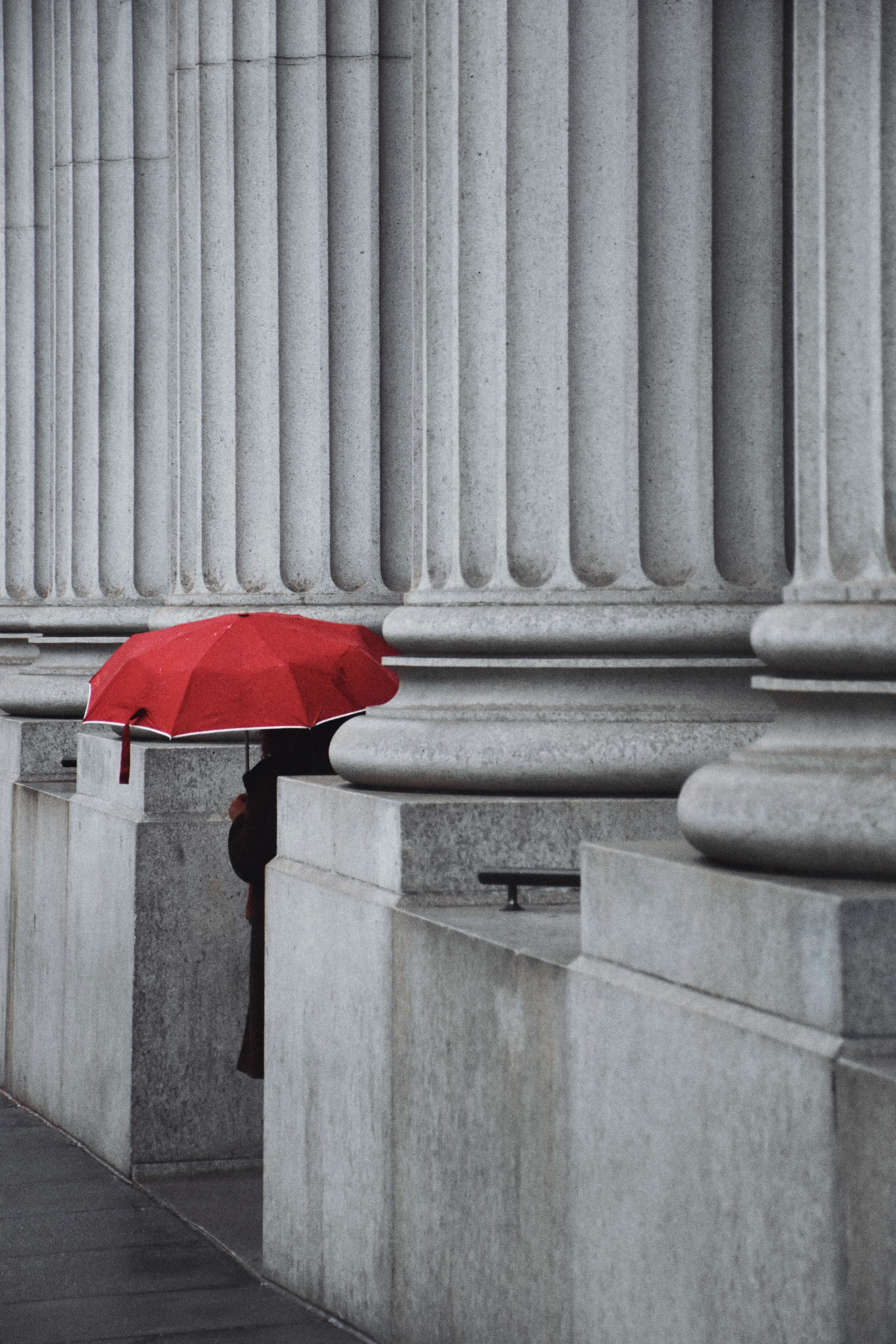 red, miscellanea, miscellaneous, human, person, loneliness, umbrella, column, columns