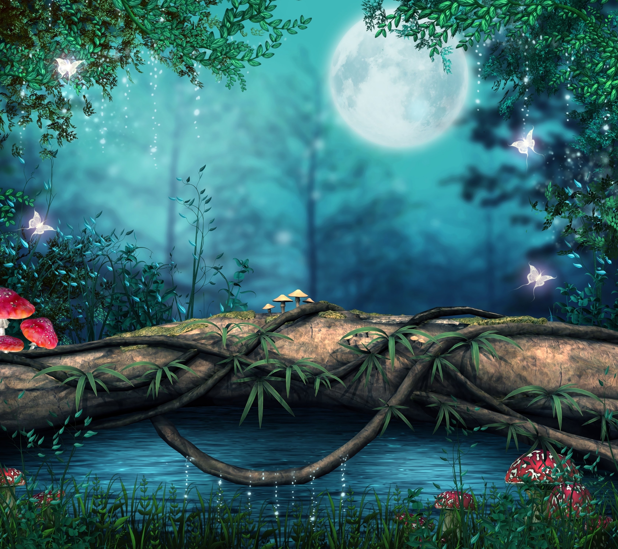mystic, fantasy, forest, butterfly, mushroom, log, moon 4K Ultra
