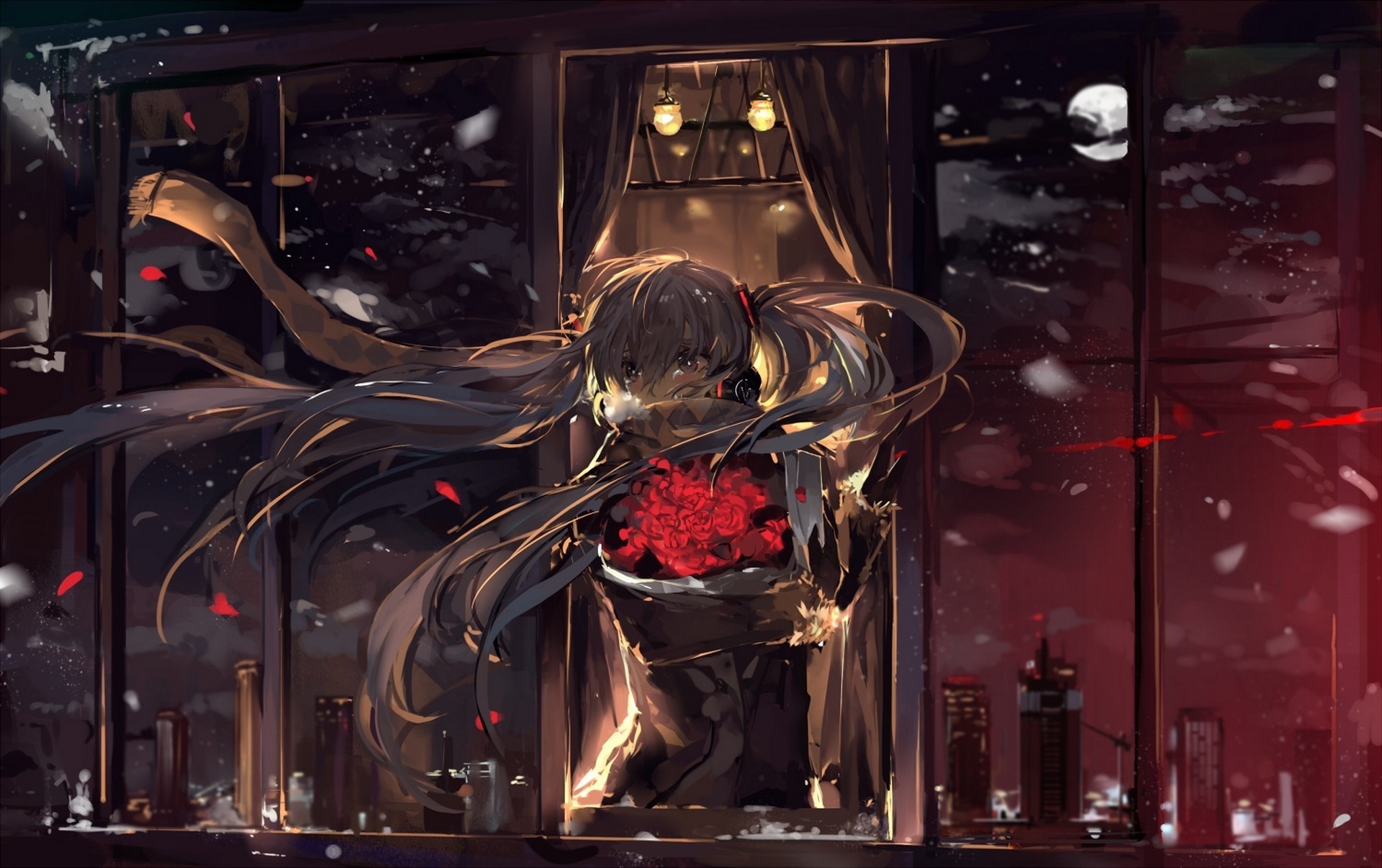 Download mobile wallpaper Anime, Sad, Vocaloid, Red Rose, Scarf, Hatsune Miku, Long Hair for free.