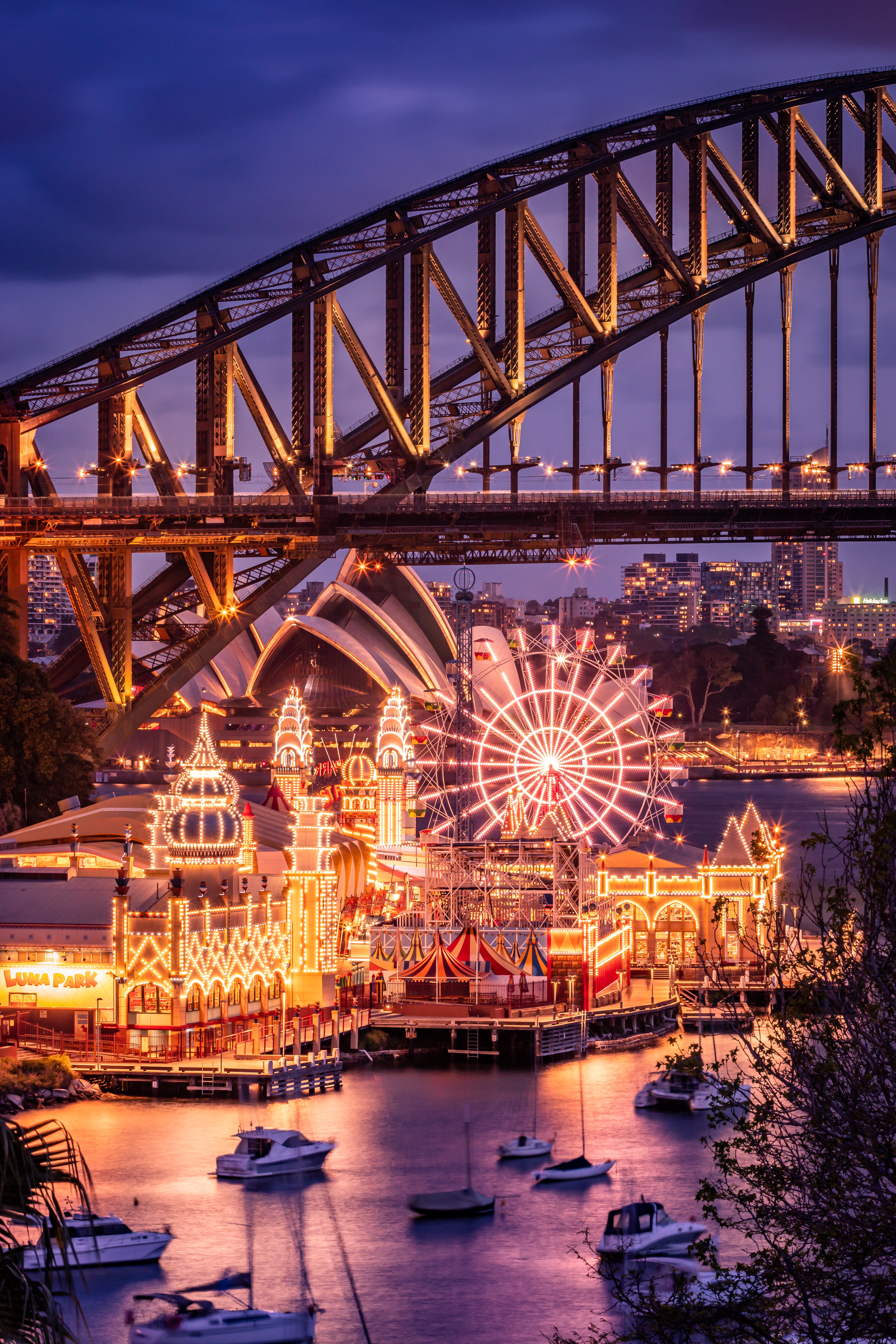Download mobile wallpaper Ferris Wheel, Lights, Cities, City, Holiday, Bridge, Building for free.