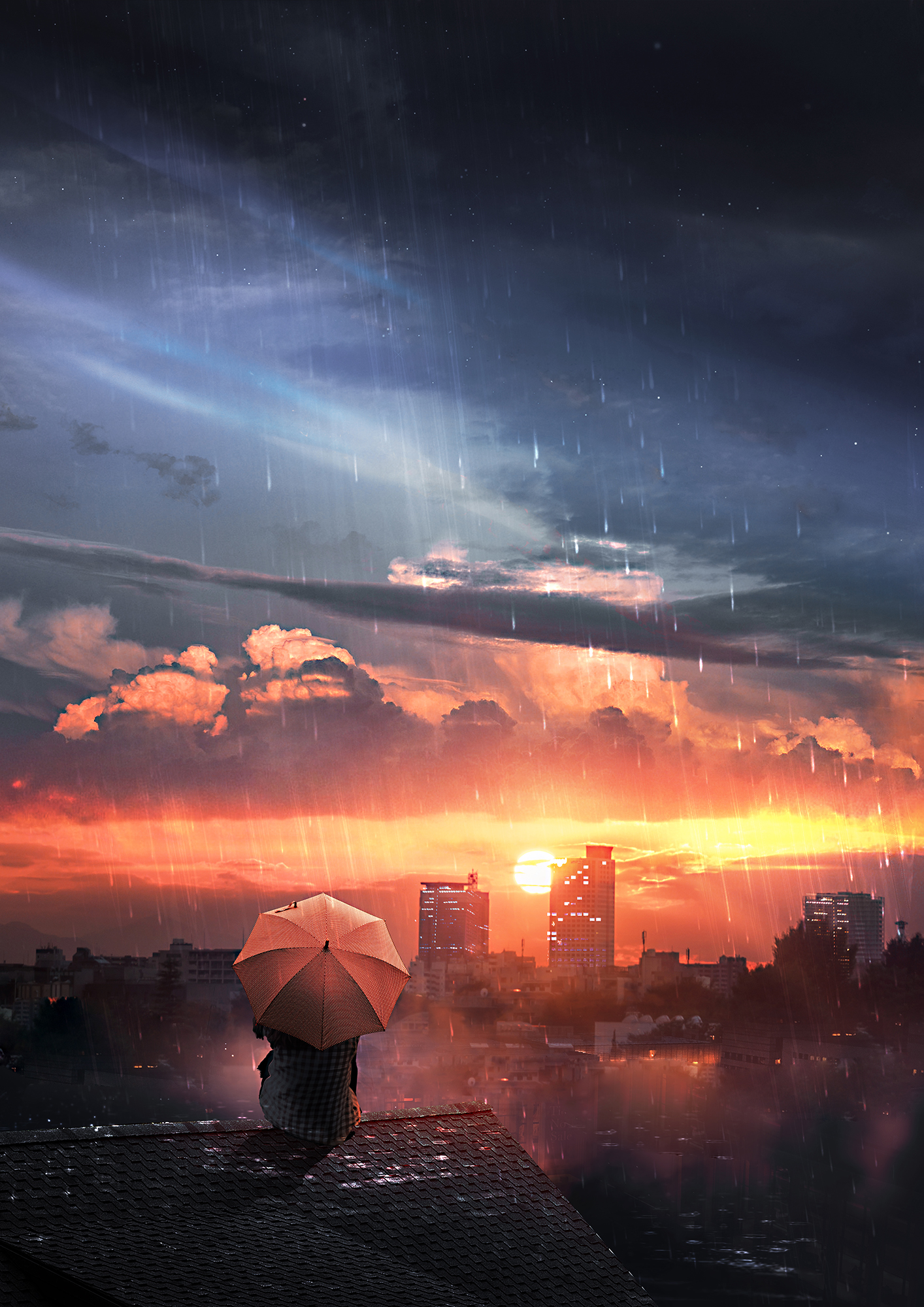 rain, privacy, loneliness, art, night, roof, seclusion, sky, umbrella phone wallpaper