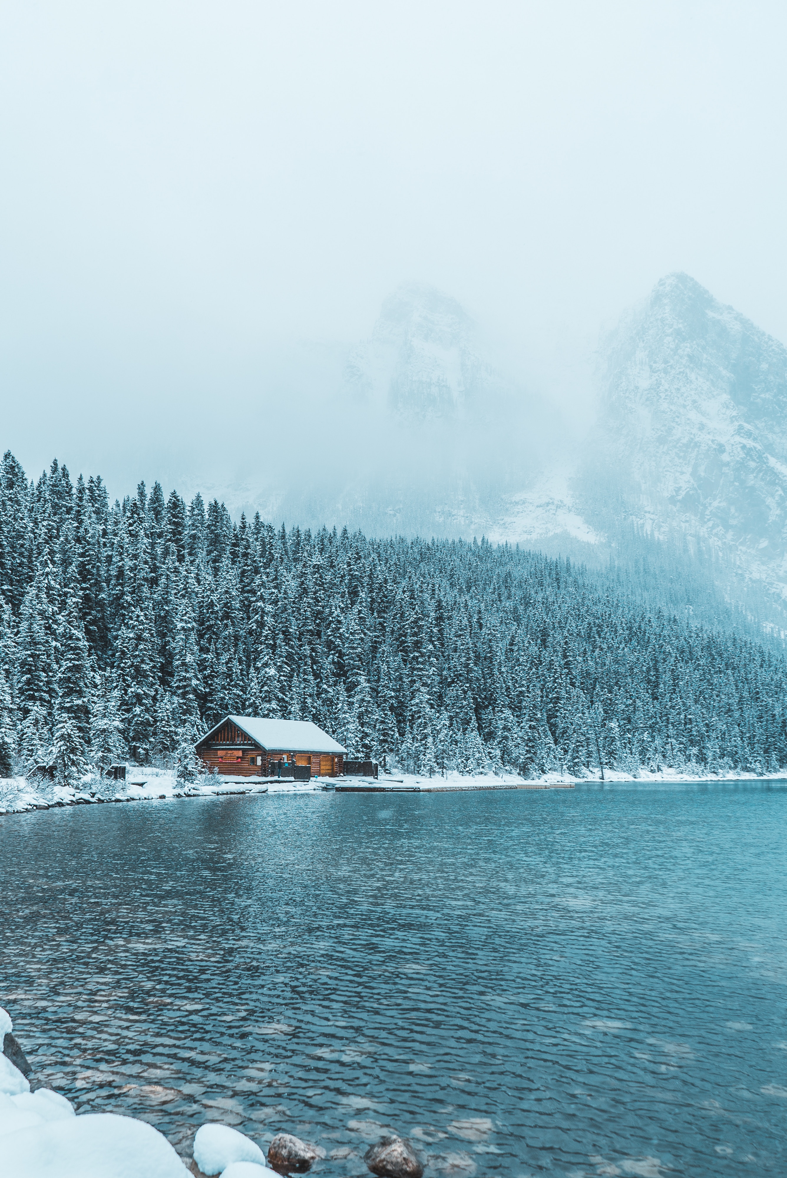 house, mountains, winter, nature, lake