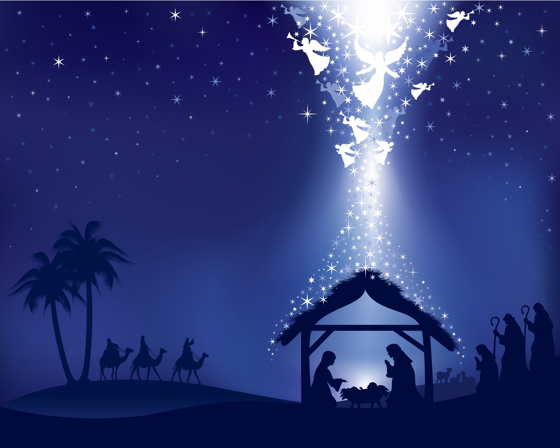 873103 免費下載壁紙 节日, 圣诞节, 天使, 骆驼, 耶稣, 马利亚（耶稣的母亲）, 夜晚, 星星, 三个智者 屏保和圖片