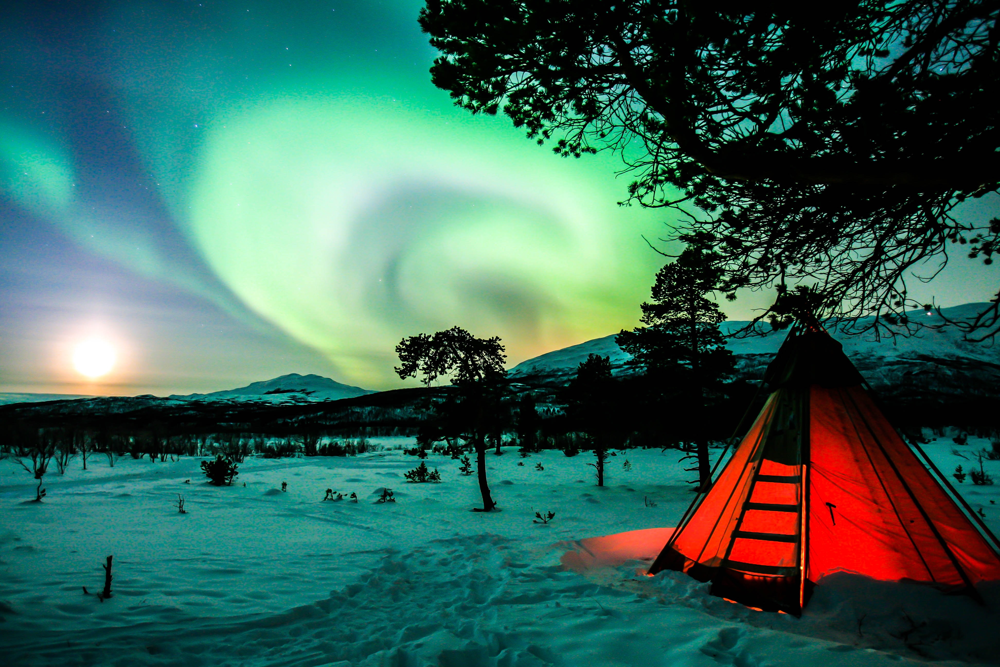 122040 Bild herunterladen übernachtung, winter, dunkel, nordlichter, aurora borealis, zelt, camping, campingplatz - Hintergrundbilder und Bildschirmschoner kostenlos