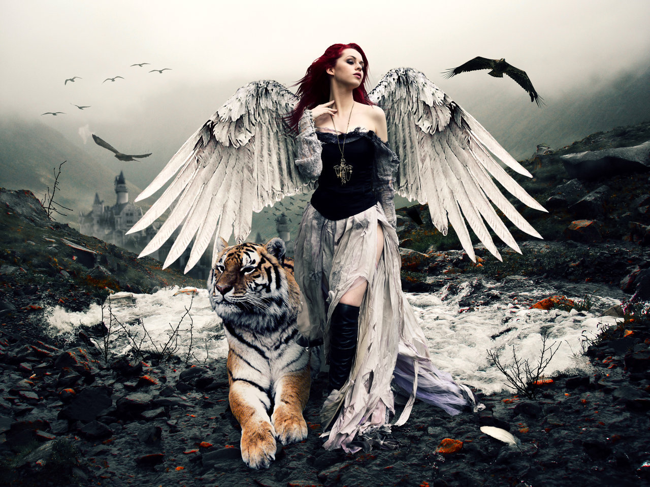 angels, tigers, girls, animals, fantasy, people lock screen backgrounds
