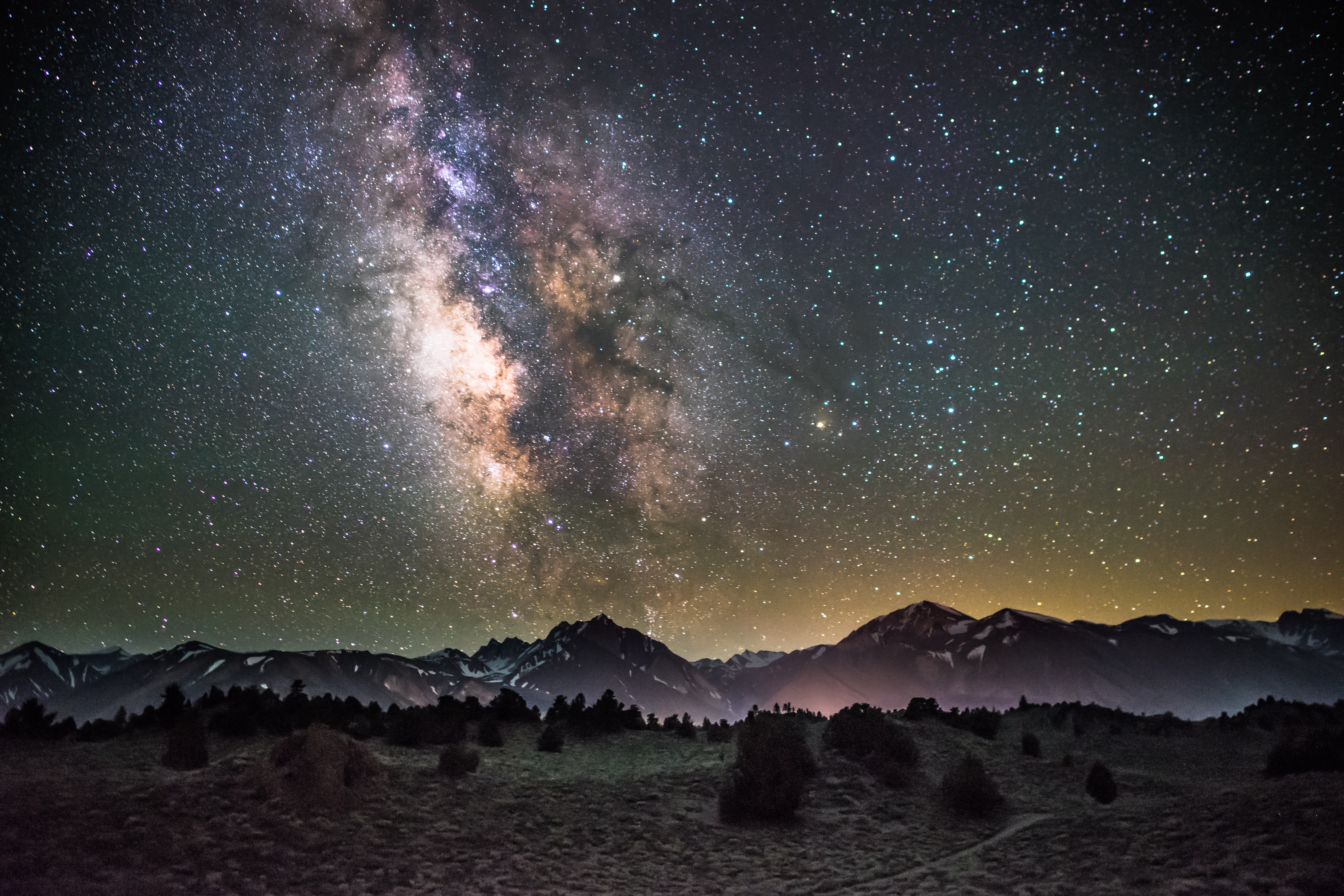 galaxy, starry sky, universe, mountains, night HD wallpaper