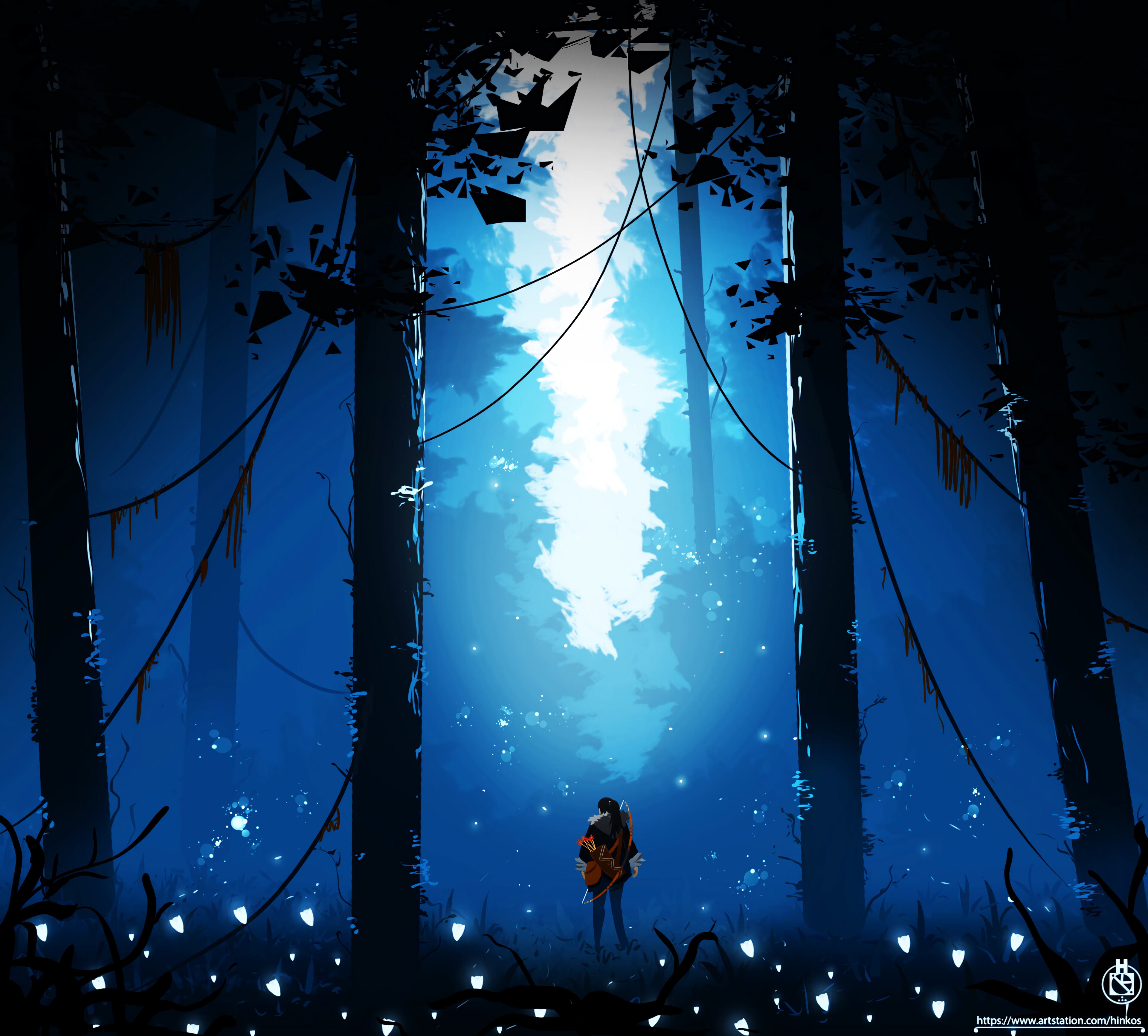 glow, art, hunter, trees, forest lock screen backgrounds