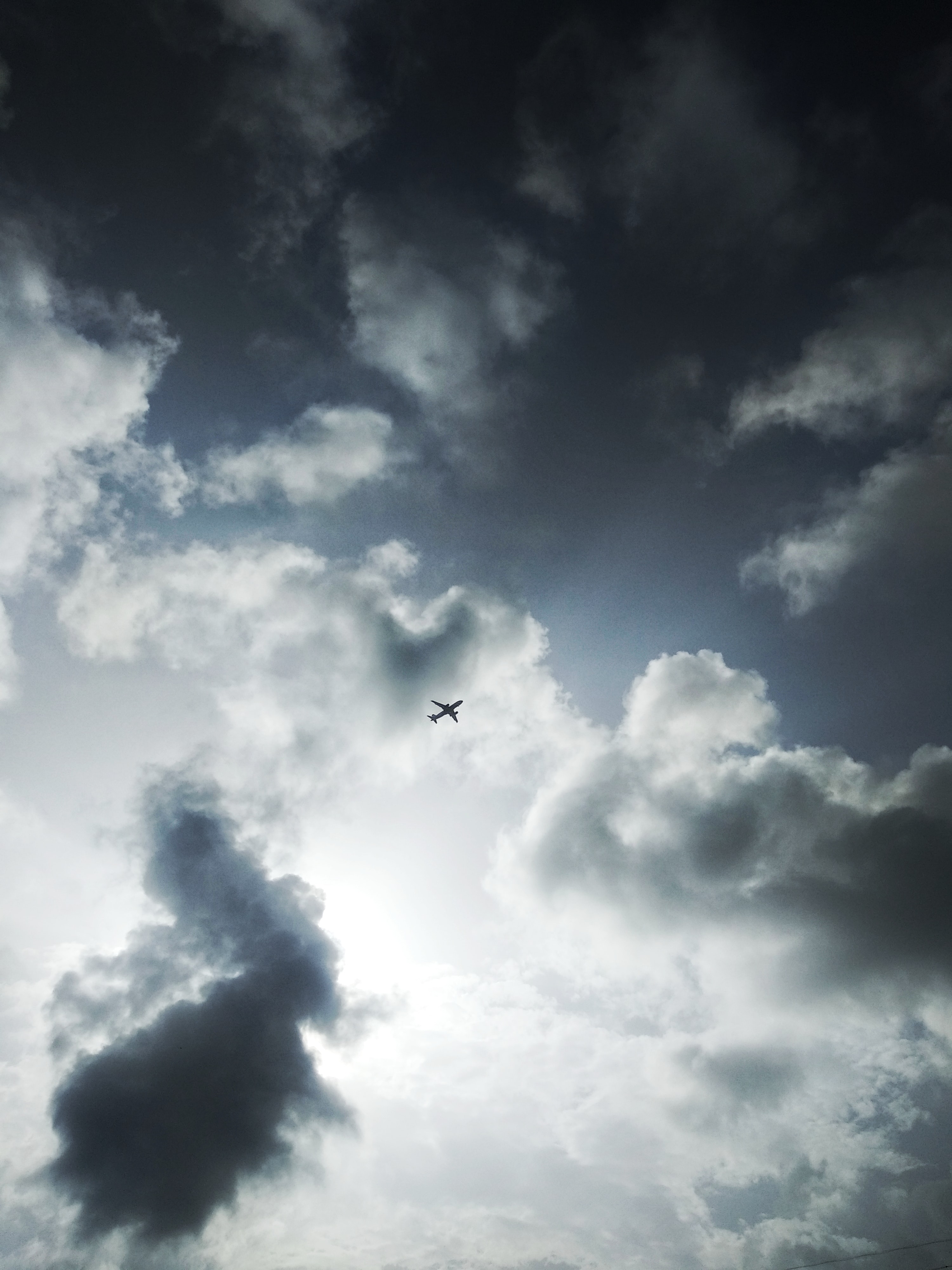 clouds, plane, sky, miscellanea, miscellaneous, airplane, bottom view