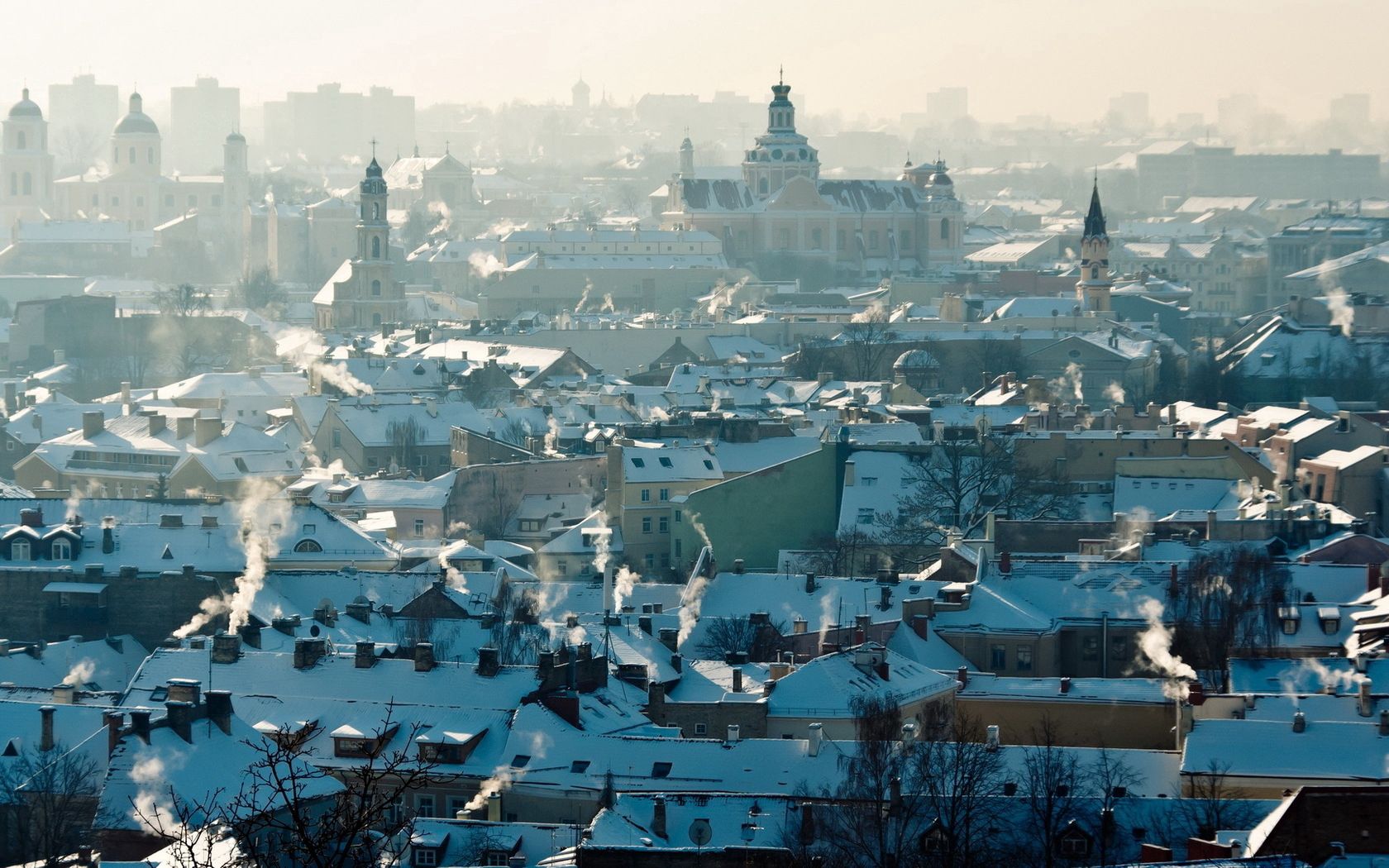 cities, smoke, lithuania, panorama, urban landscape, cityscape, roof, roofs, vilnius