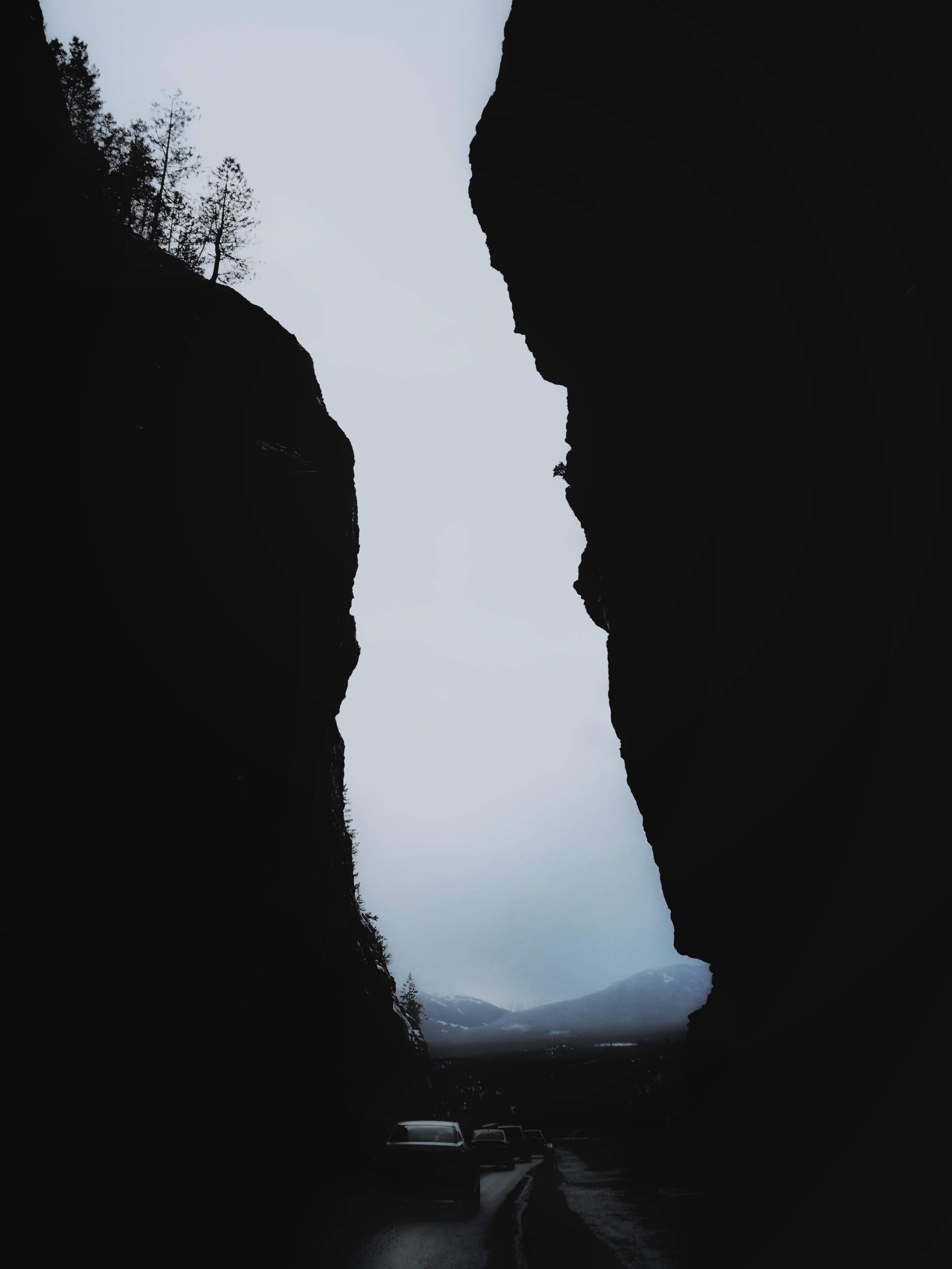 darkness, dark, mountains, night, cars, rocks, fog HD wallpaper