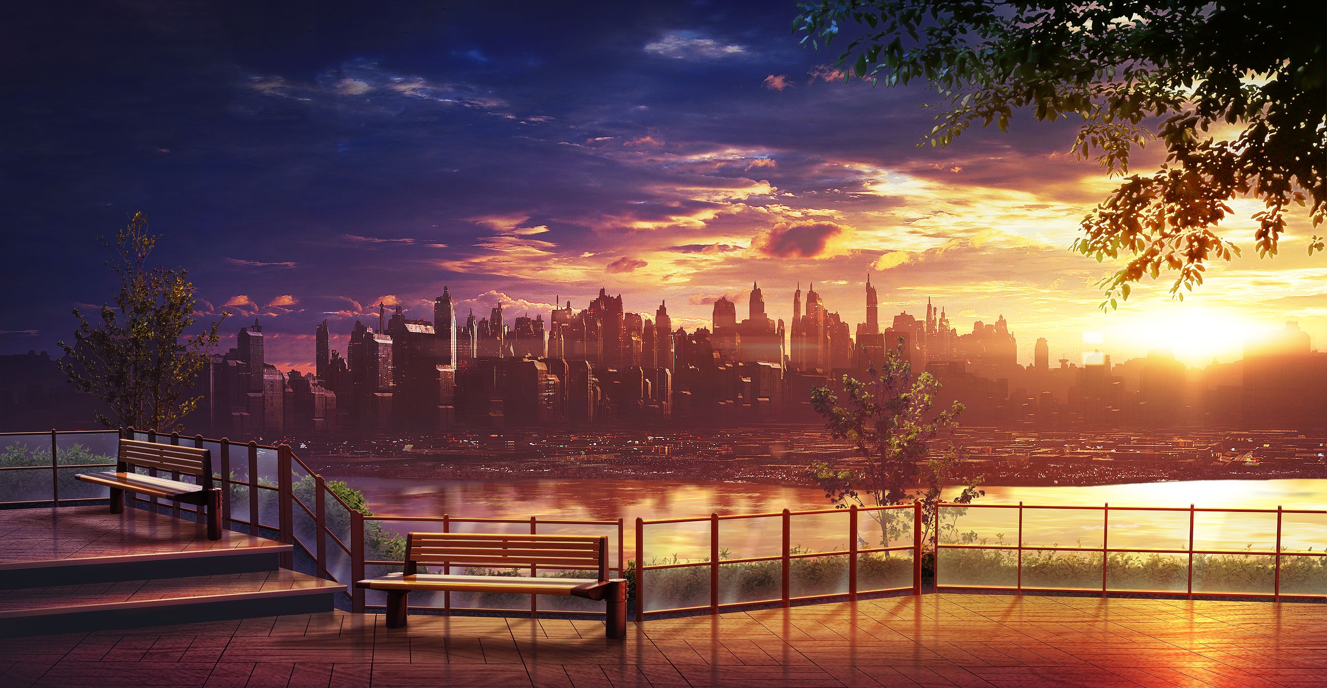 lake, stairs, sky, evening, anime, city, bench, cloud, parc, sunset