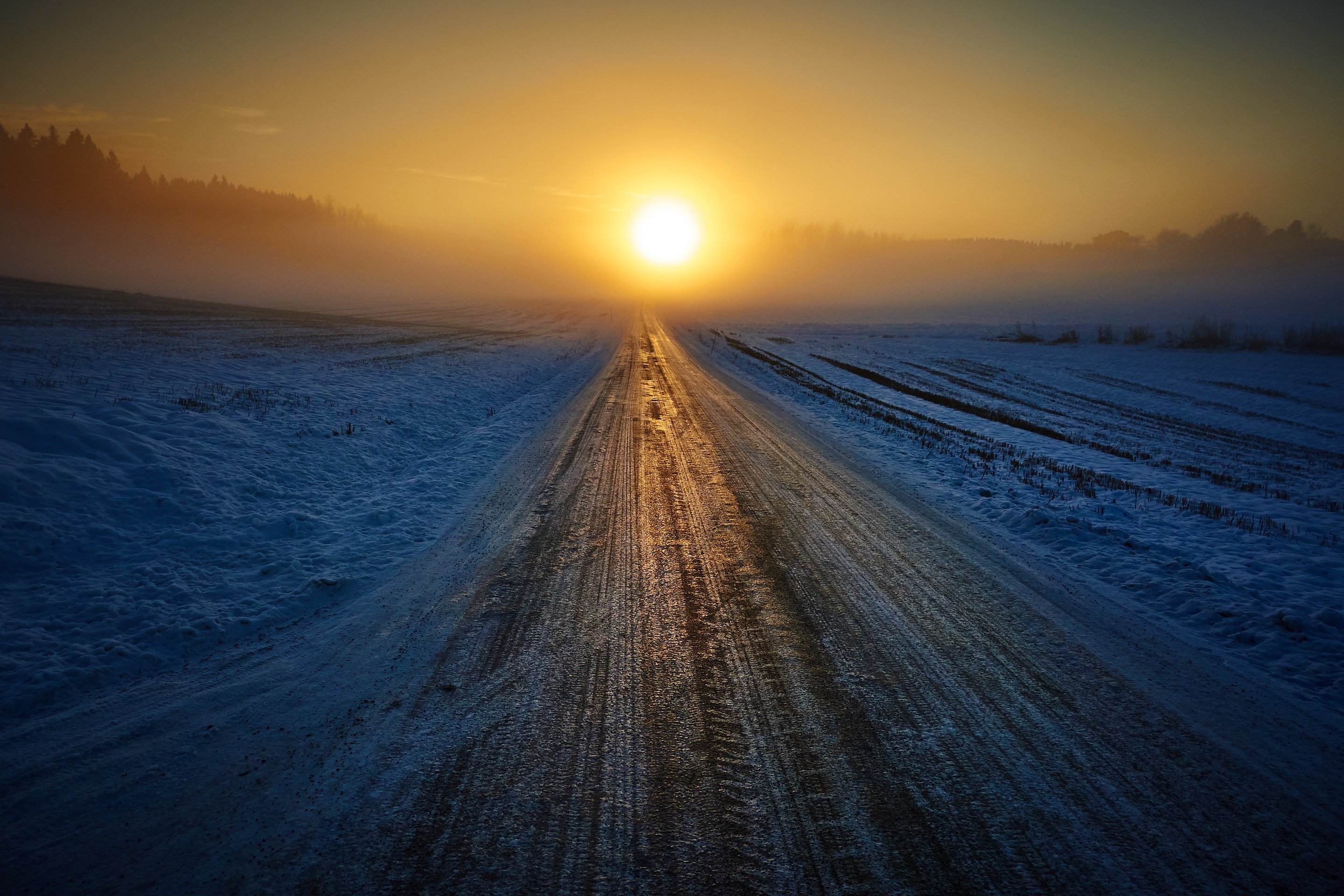 Free download wallpaper Nature, Horizon, Road, Sunset, Snow, Winter on your PC desktop