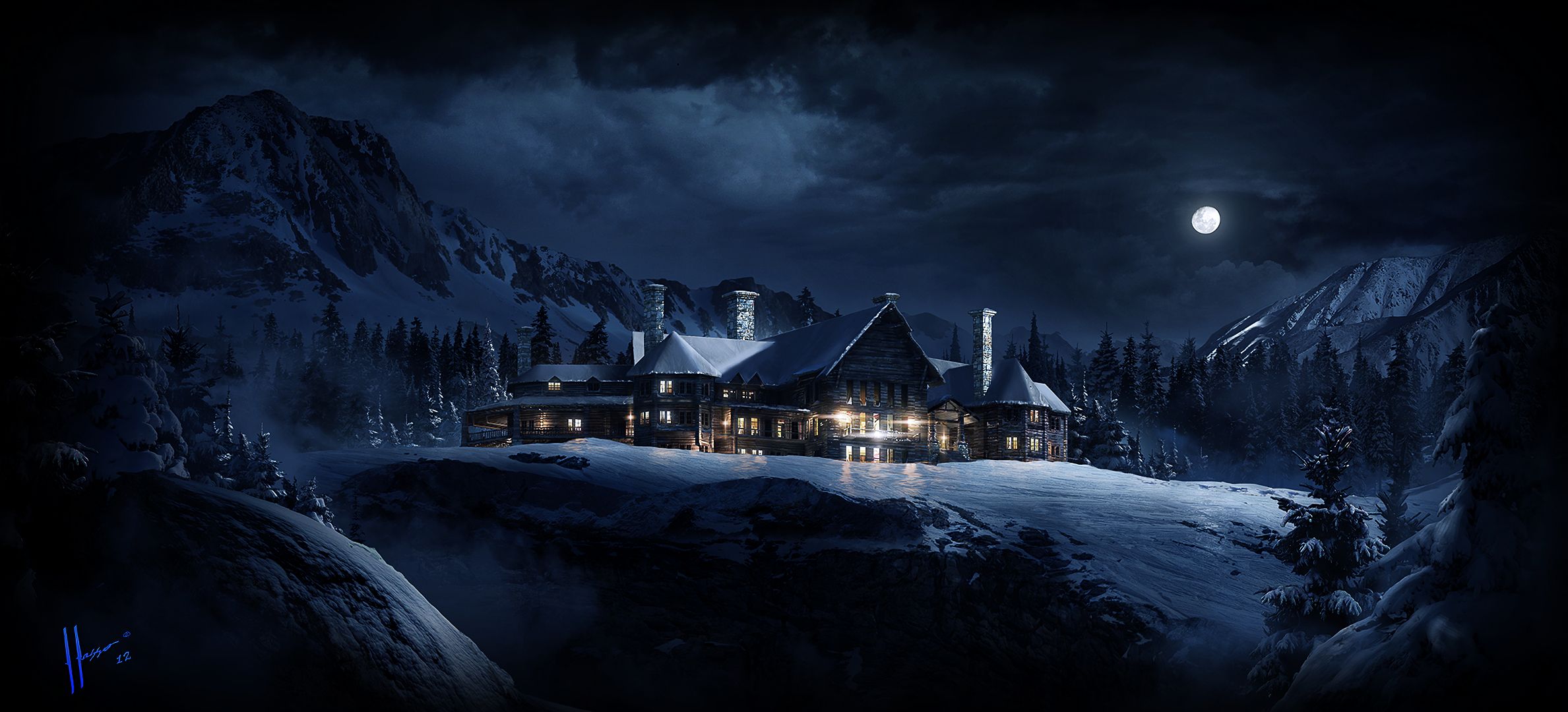 Дом в горах ночью