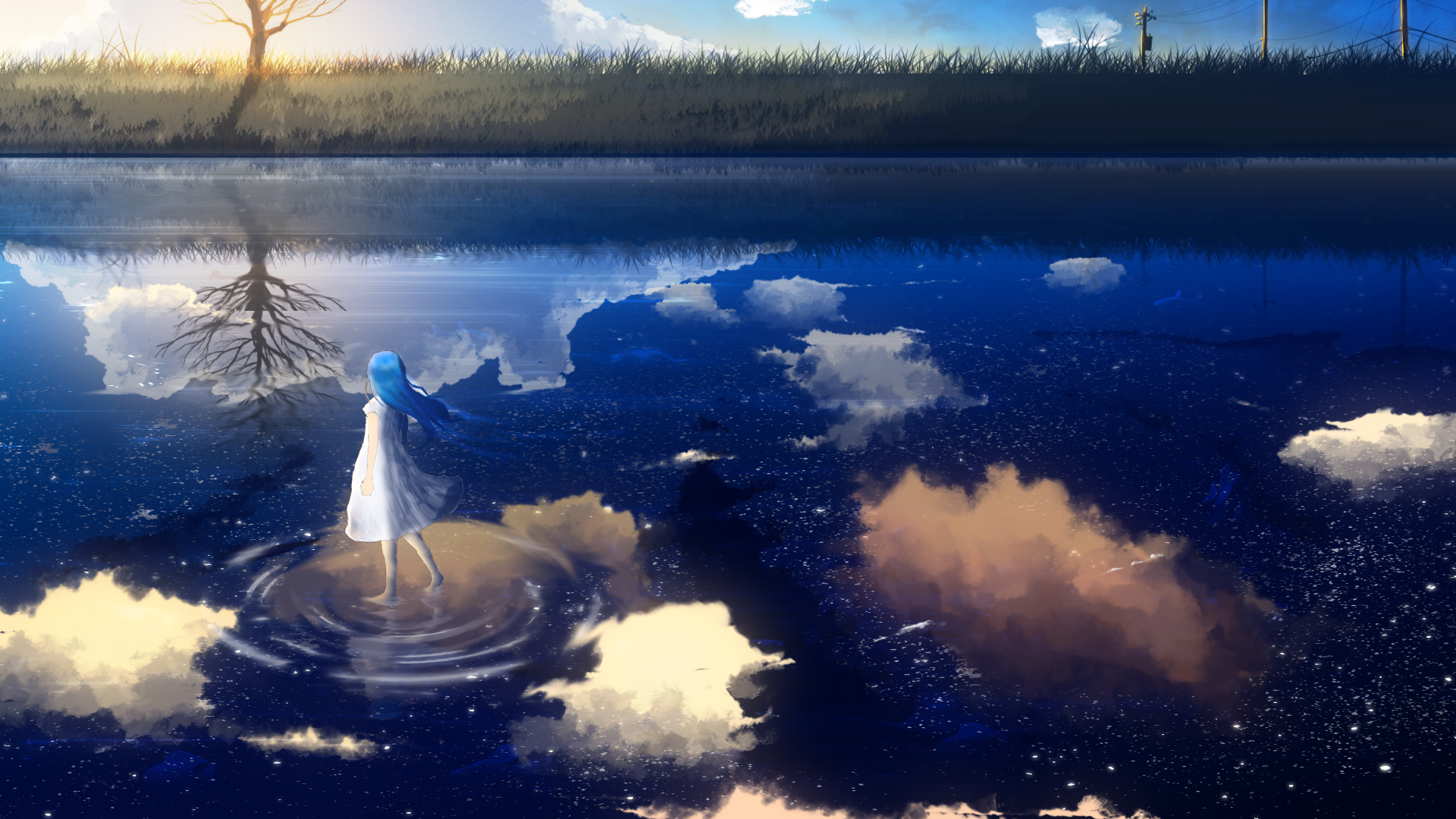 Небо отражается в воде аниме